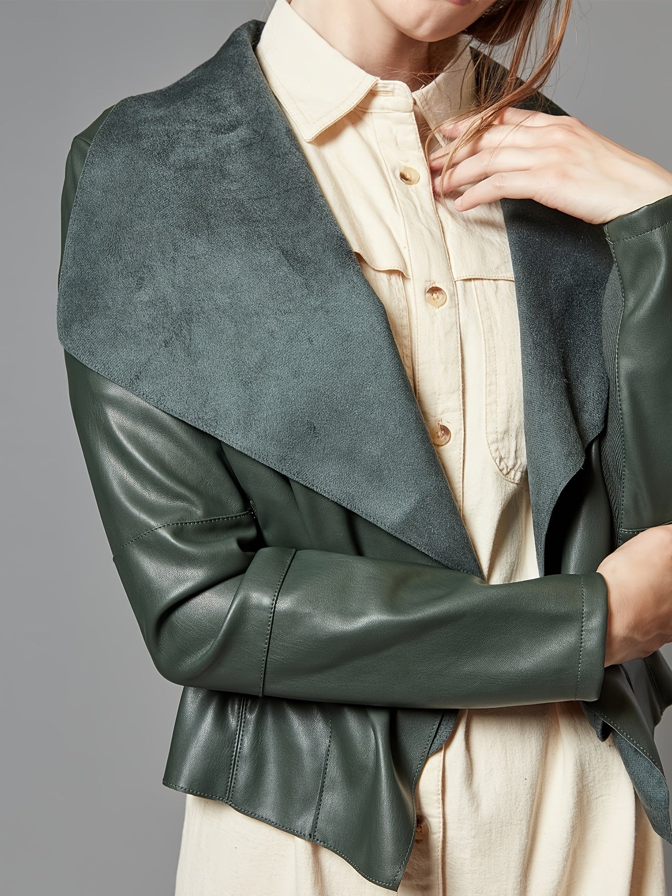 Slim Fit Faux Leather Blazers for Women with an Open Front And Lapel Design
