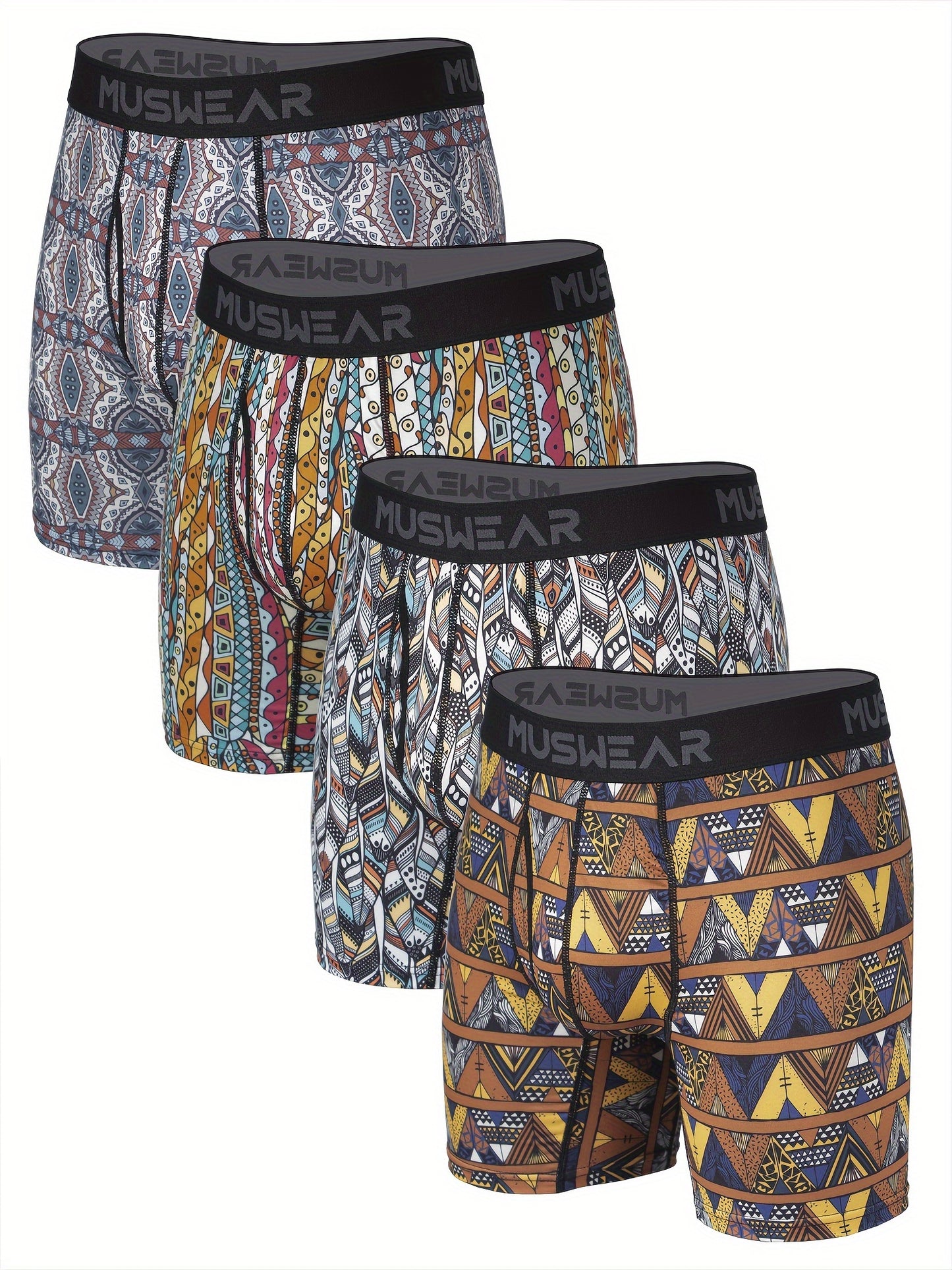 MUSWEAR Men's Quick-Dry Boxer Briefs - Moisture-Wicking Breathable Athletic Underwear with Side Openings, Tribal Geometric Print, Mid-Stretch Fabric for Gym, Casual & Daily Wear, Boxer Shorts, Workout Gear, Sporty Design, Lightweight Construction, Perform