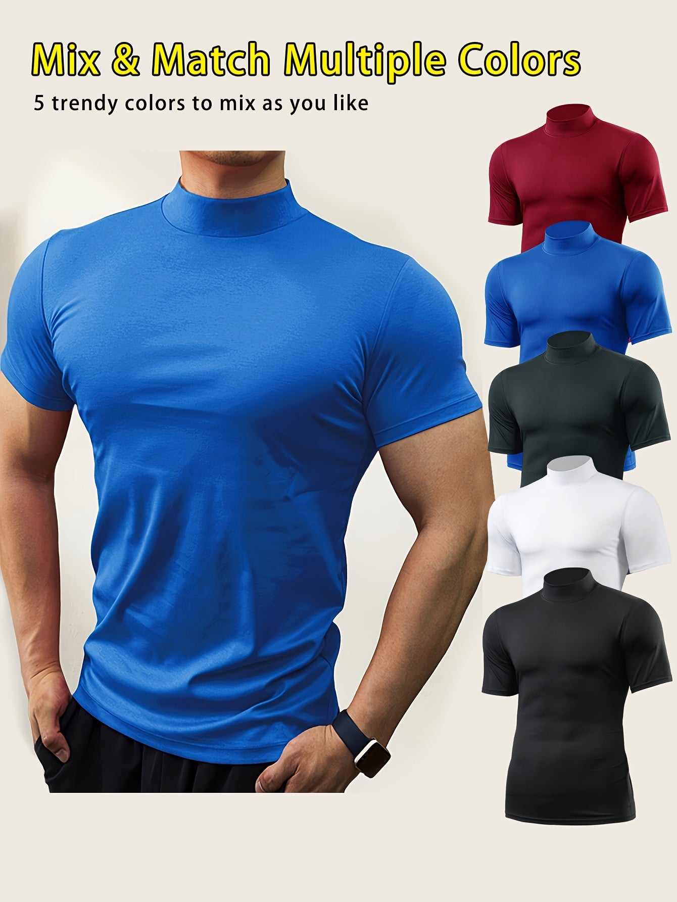 5pcs Men's Mock Neck Compression T-Shirts, Slim Fit Quick-Dry Athletic Tees, Breathable Polyester Workout Shirts for Gym, Training, Cycling, Running & Casual Outdoor Sports