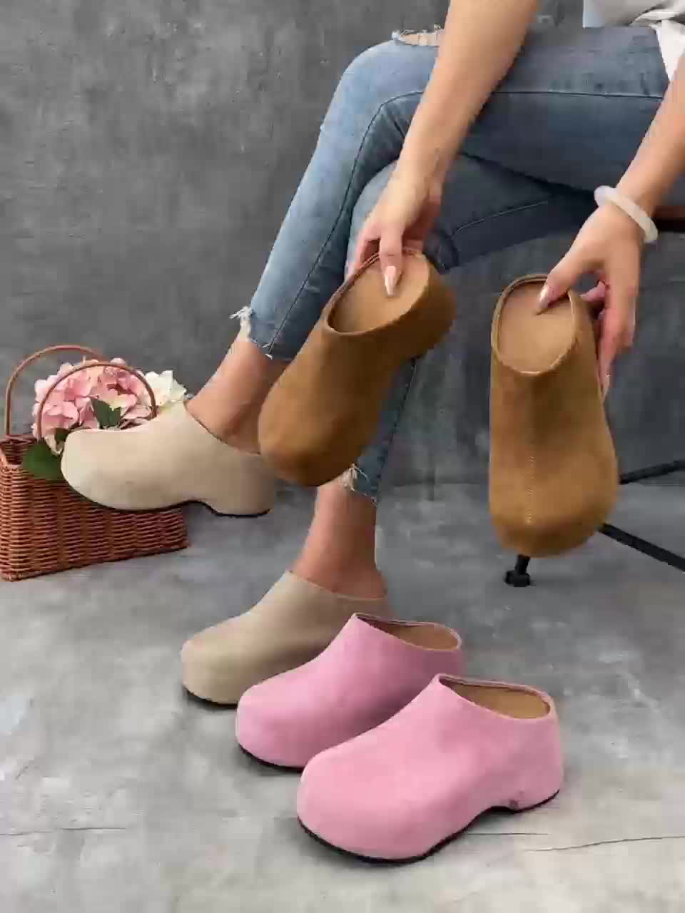 Women's New Style Mule Shoes, Thick Sole Round Toe Fashion Casual Comfortable Versatile Plus Size Women's Footwear, Clogs for Women, Slippers for Women, Women's Height-Increasing Shoes, Women Shoes