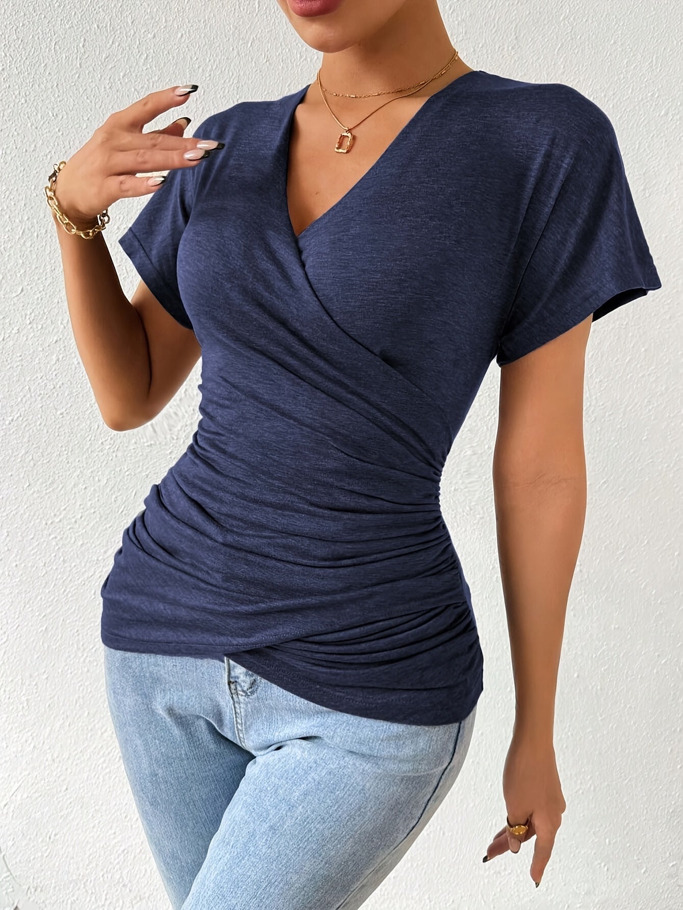 Women's Navy Color V-Neck Short-Sleeve T-Shirt - product view 10