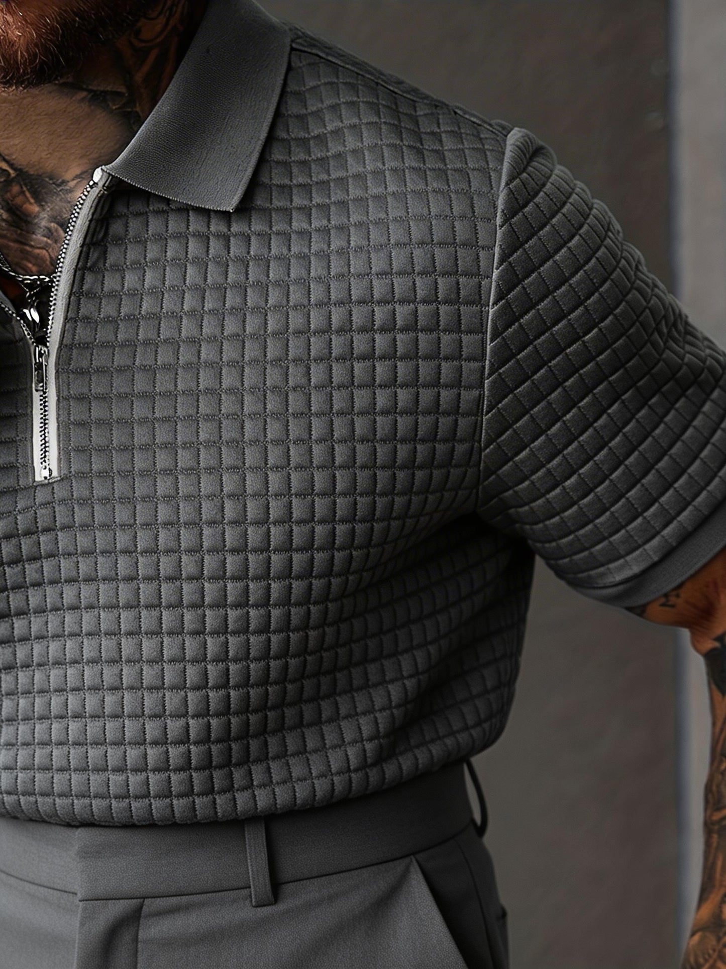 2pcs Men's Summer Commuter Casual Suit: Textured Fabric Half-zip Shirt Paired with Stitched Front Trousers, 2pcs Menswear, Vintage Style, Comfortable Fit.