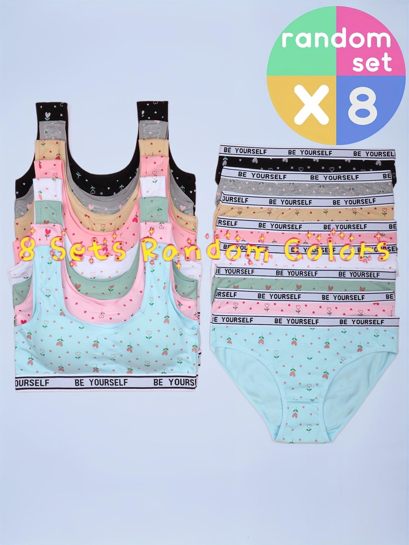 8 Set Bra Panties Set Comfy Breathable Underwear Set, Cute Heart Letter Print Training Set for 10-16, for Teenager, For Teenager
