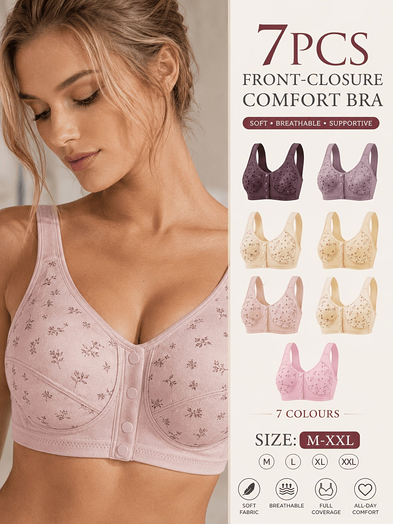 7pcs Seamless Front Button Bra Set - Soft Without Steel Rings, Small Women's Bra, Comfortable And Breathable, Suitable for Daily/yoga/travel/festivals