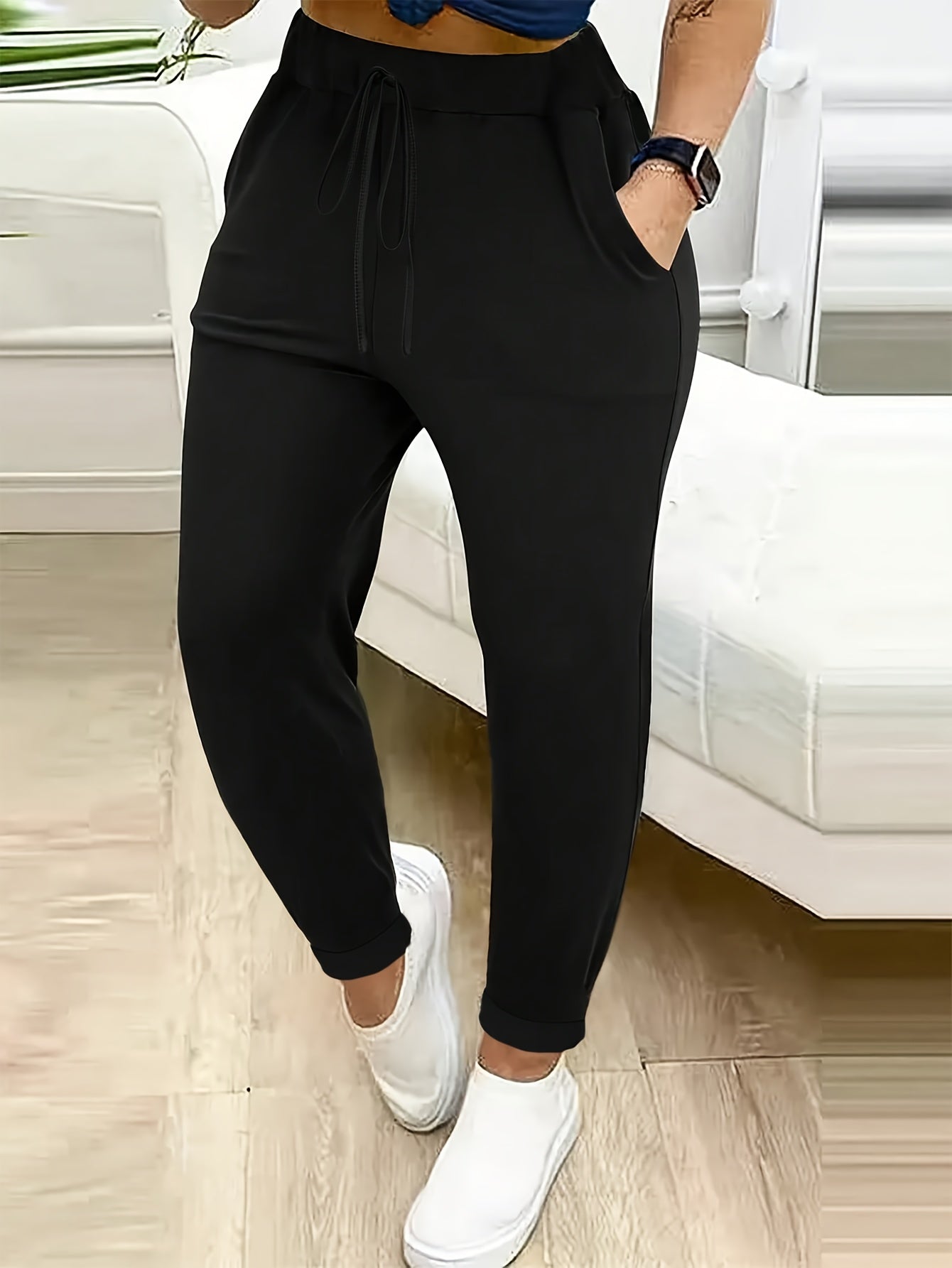 Plus Size - Plus Size - Spring, Summer And Autumn Large-Sized Women'S Casual Commuting Slim-Fit Trousers, Black, Drawstring Design, Pockets, Mid-Length, Versatile Tight-Fitting Pants