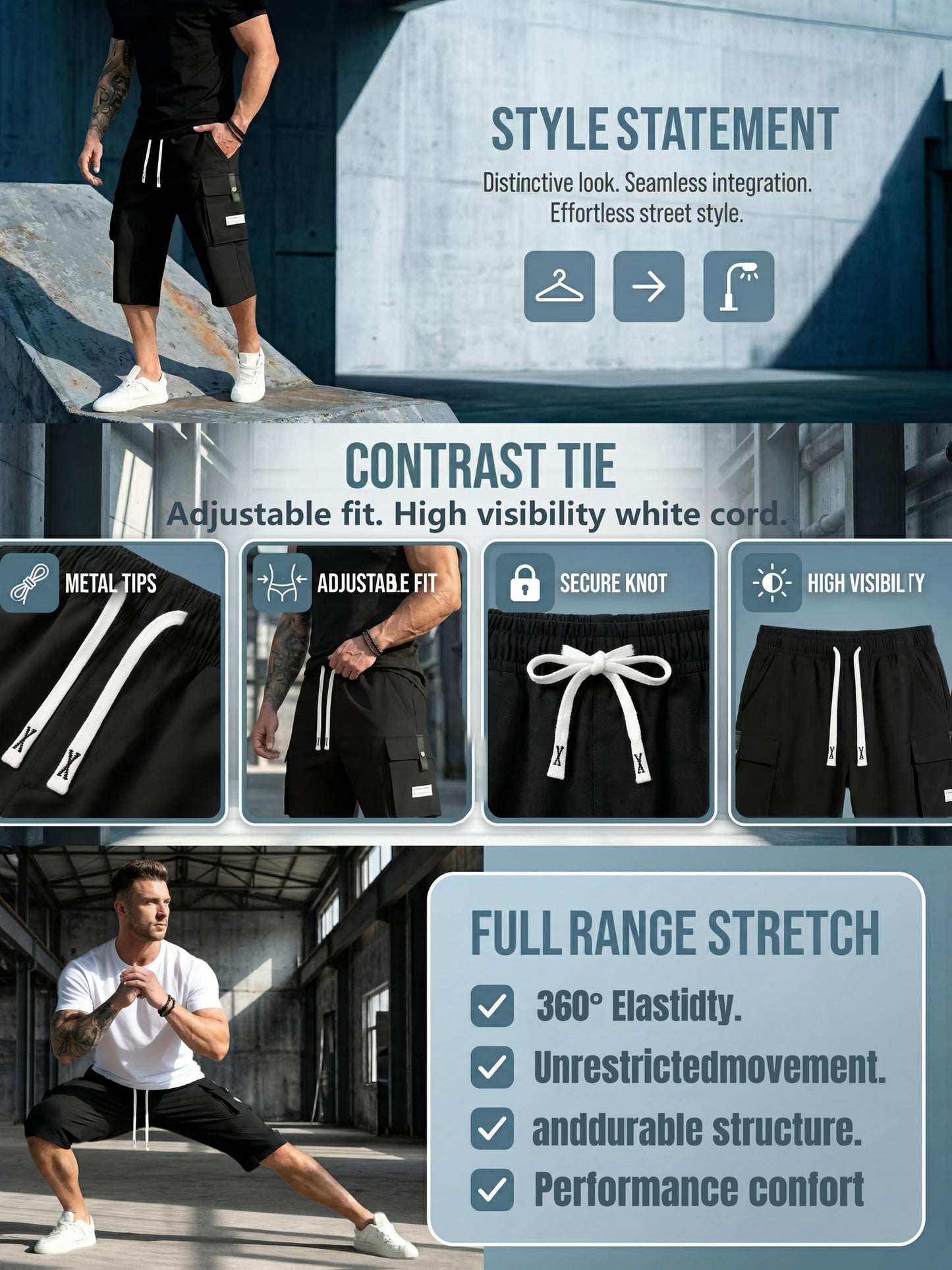 3pcs Men'S Summer Cargo Shorts | Durable Polyester Non-Stretch Fabric, Casual Sporty Style, Regular Fit with Drawstring Waist, Large Pockets & Letter Patch Detail - Includes Wristband