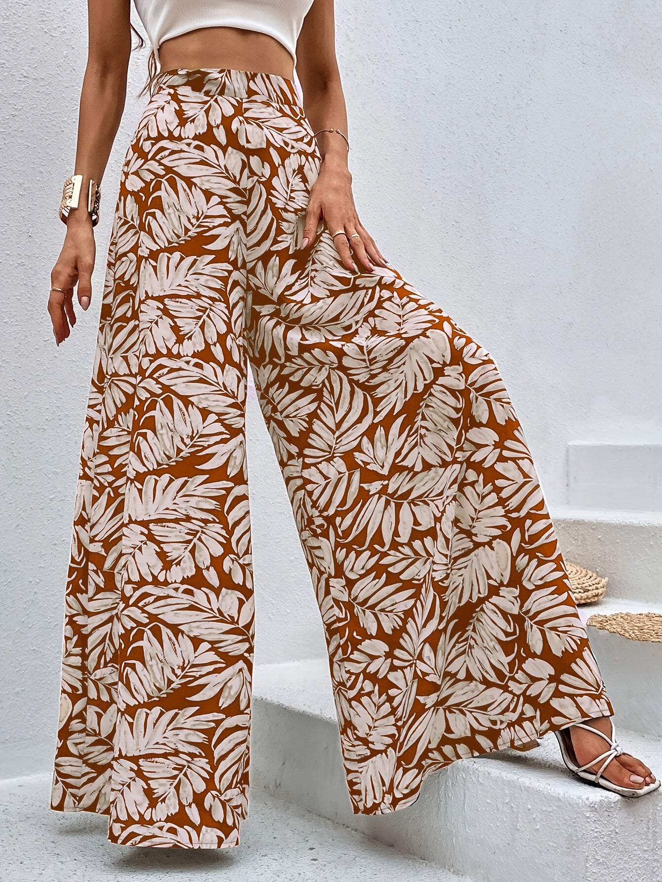 Women's High Waist Leaf Print Wide Leg Palazzo Pants - Super Long Flowy Bohemian Style, Machine Washable Non-Stretch Fabric for Spring & Autumn Casual Wear, Autumn Apparel, Lightweight Design