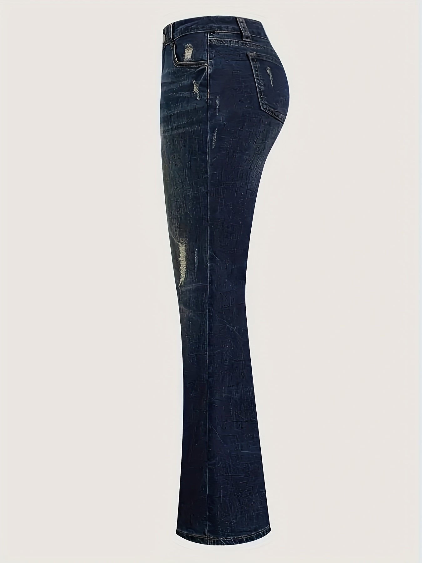 Retro-Inspired Denim Trousers in a Deep Blue Wash, Featuring a Slightly Flared Cut for Women. These Versatile Pants Are Perfect for Any Season, Made from Elastic Fabric for a Comfortable Fit That Enhances The Hips