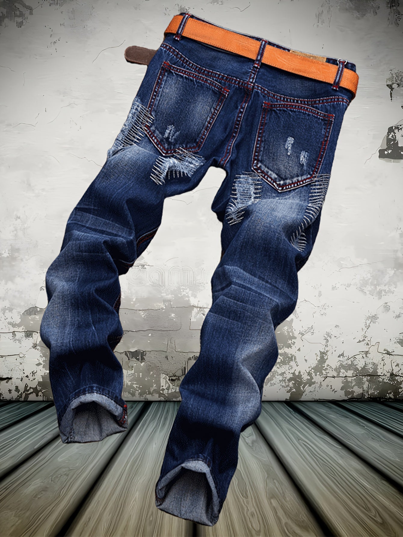 American High Street Washed Holes in Men'S Jeans Trend Blue Motorcycle Casual Straight Pants