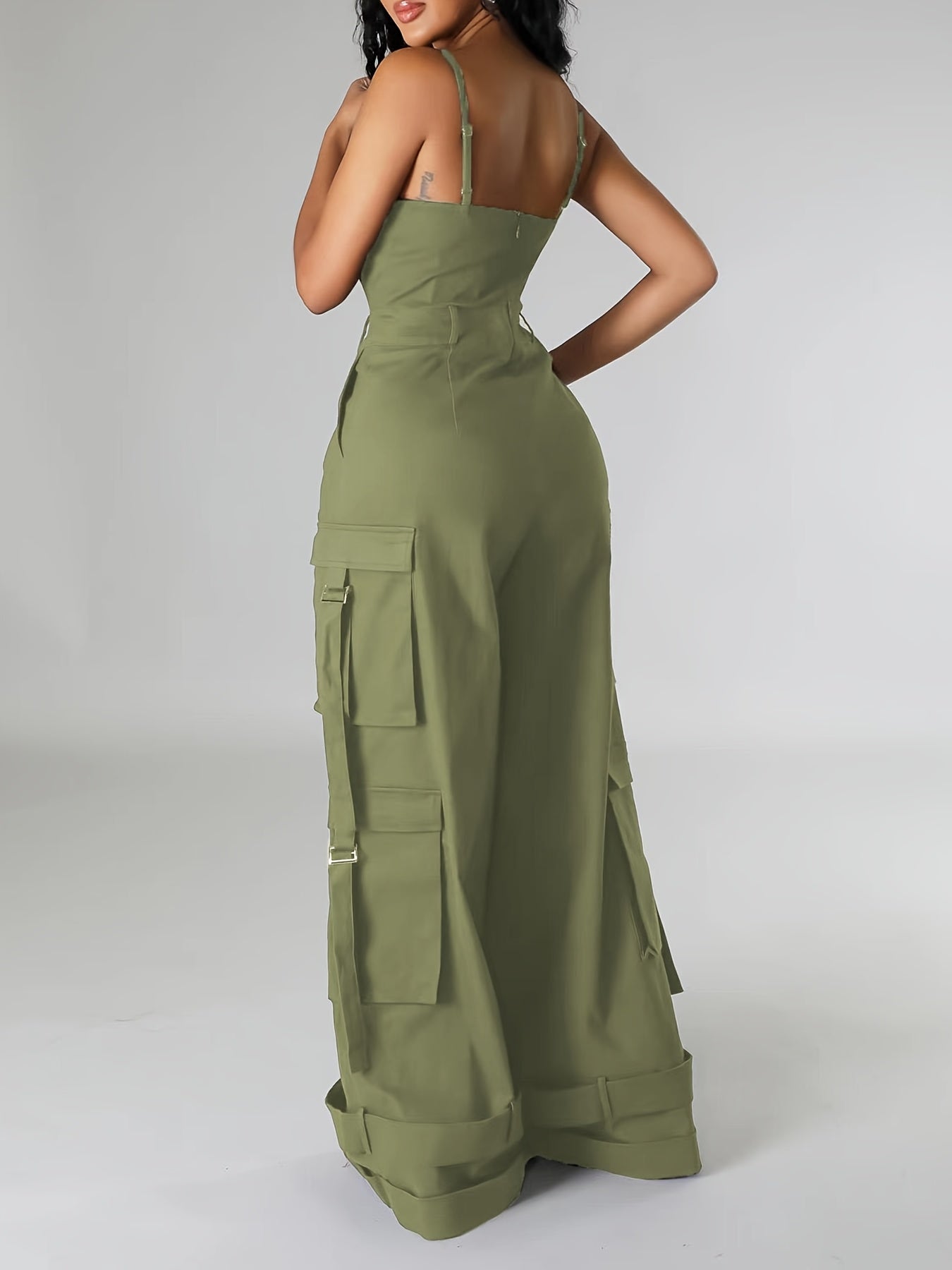 Teenager'S Jumpsuit - Teenager'S Long Wide-leg Utility Jumpsuit, High-waist With Multiple Pockets, Casual Summer Clothing, Street Fashion Camisole Backless Long Jumpsuit, for Outdoor, For Teenager