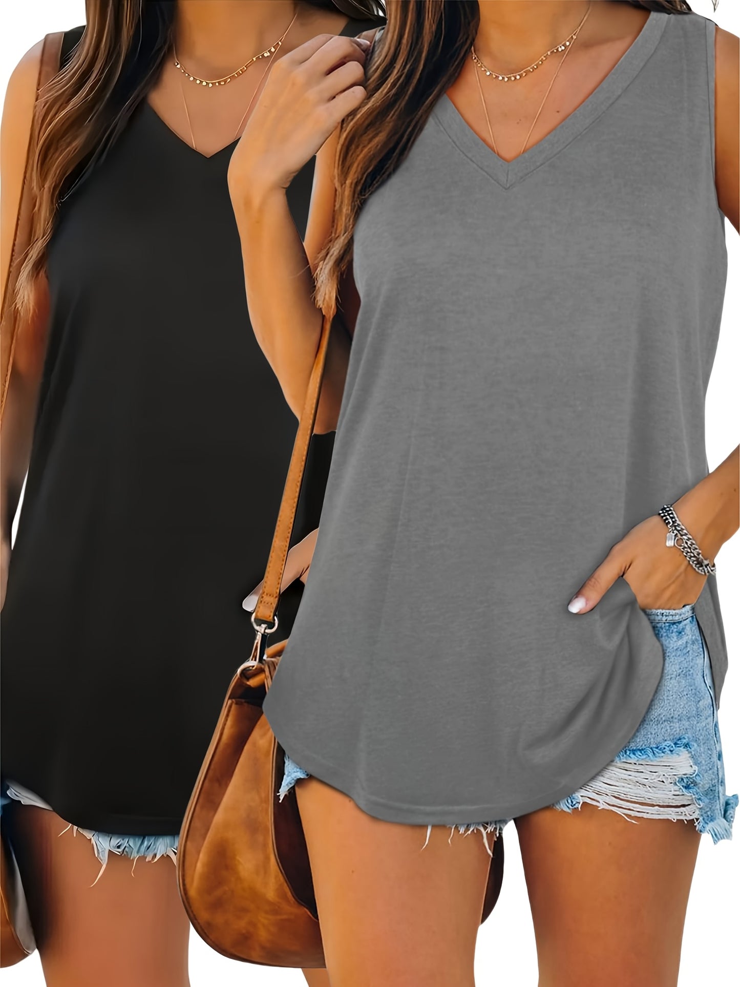 Women's Black+Grey Knit V-Neck Sleeveless Shirt - product view 8