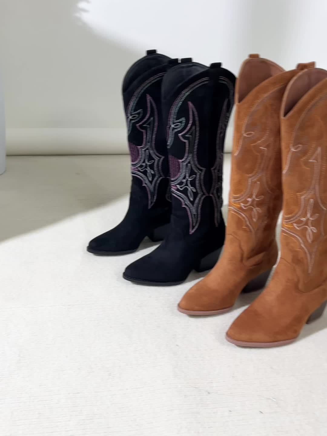 Women's Retro Western Embroidered Cowboy Boots - Slip-On Chunky High Heel, Pointed Toe & Geometric Stitching, Breathable Fabric Upper & TPR Sole for Casual All-Season Wear, Everyday Footwear, Vintage Style, Stylish Embroidery, Trend Followers