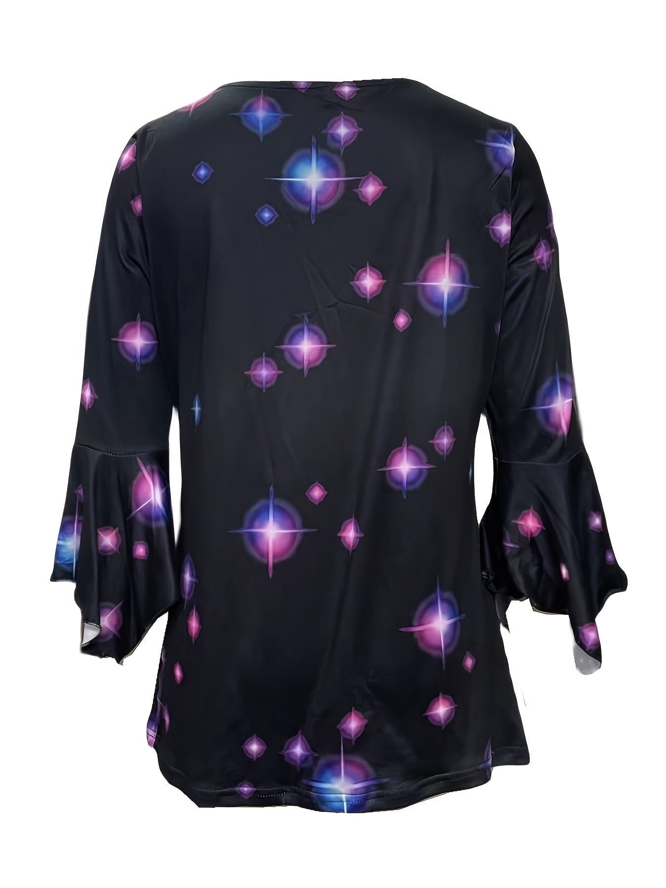 Spring And Autumn Colorful Print V-neck T-shirt with Button- Decoration And Irregular Sleeves