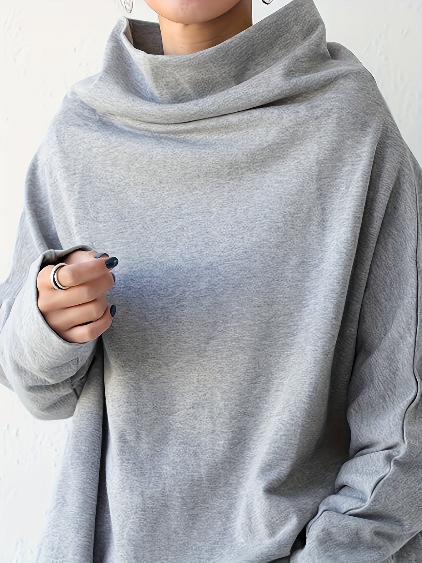 Women's Oversize Simple Tops 2024 New Fashion Casual Solid Color High-Neck Long Sleeve T-Shirt