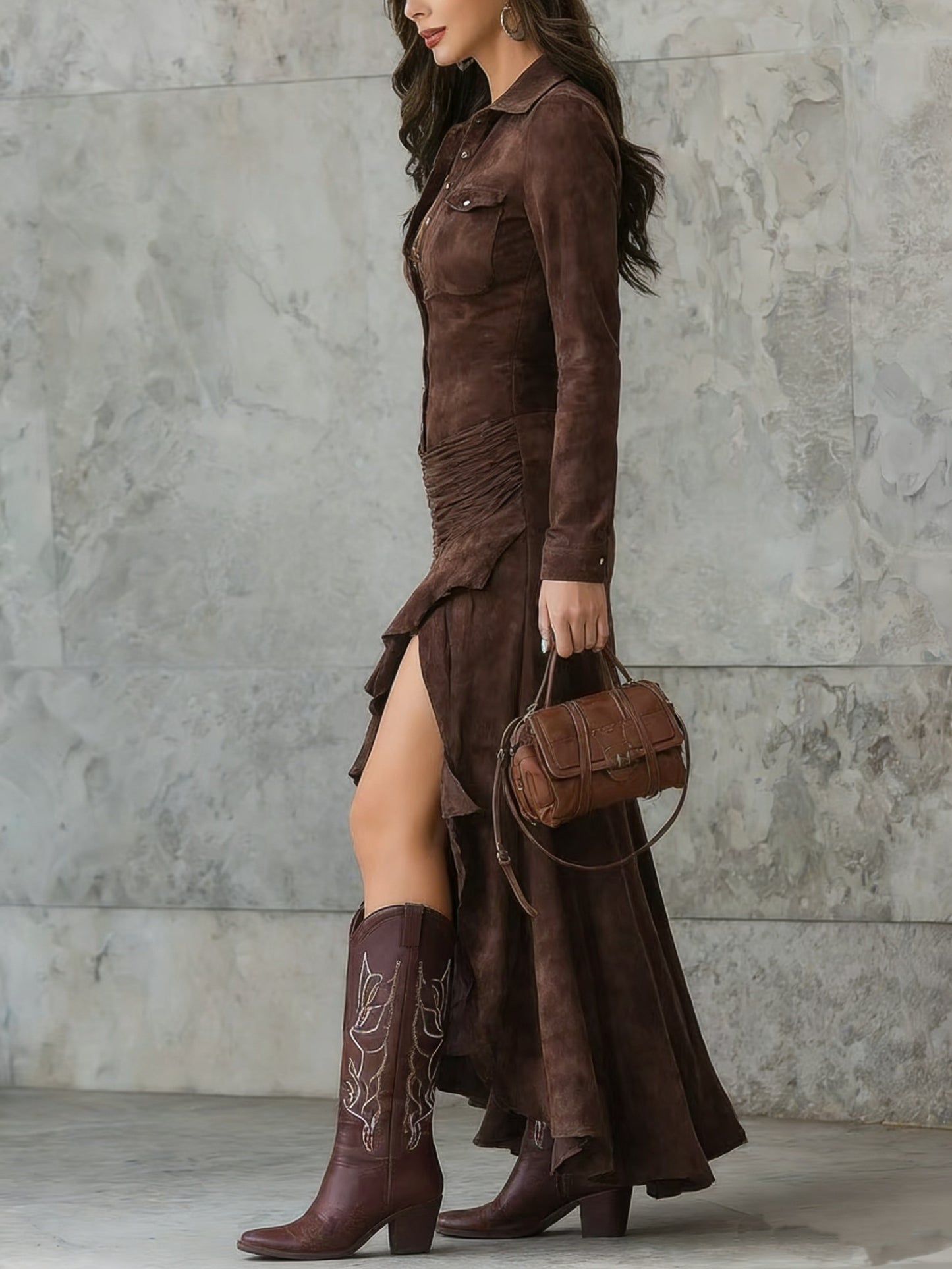 Retro Brown Irregular Ruffled Collar Long Skirt with Slit (Additions Not Included)