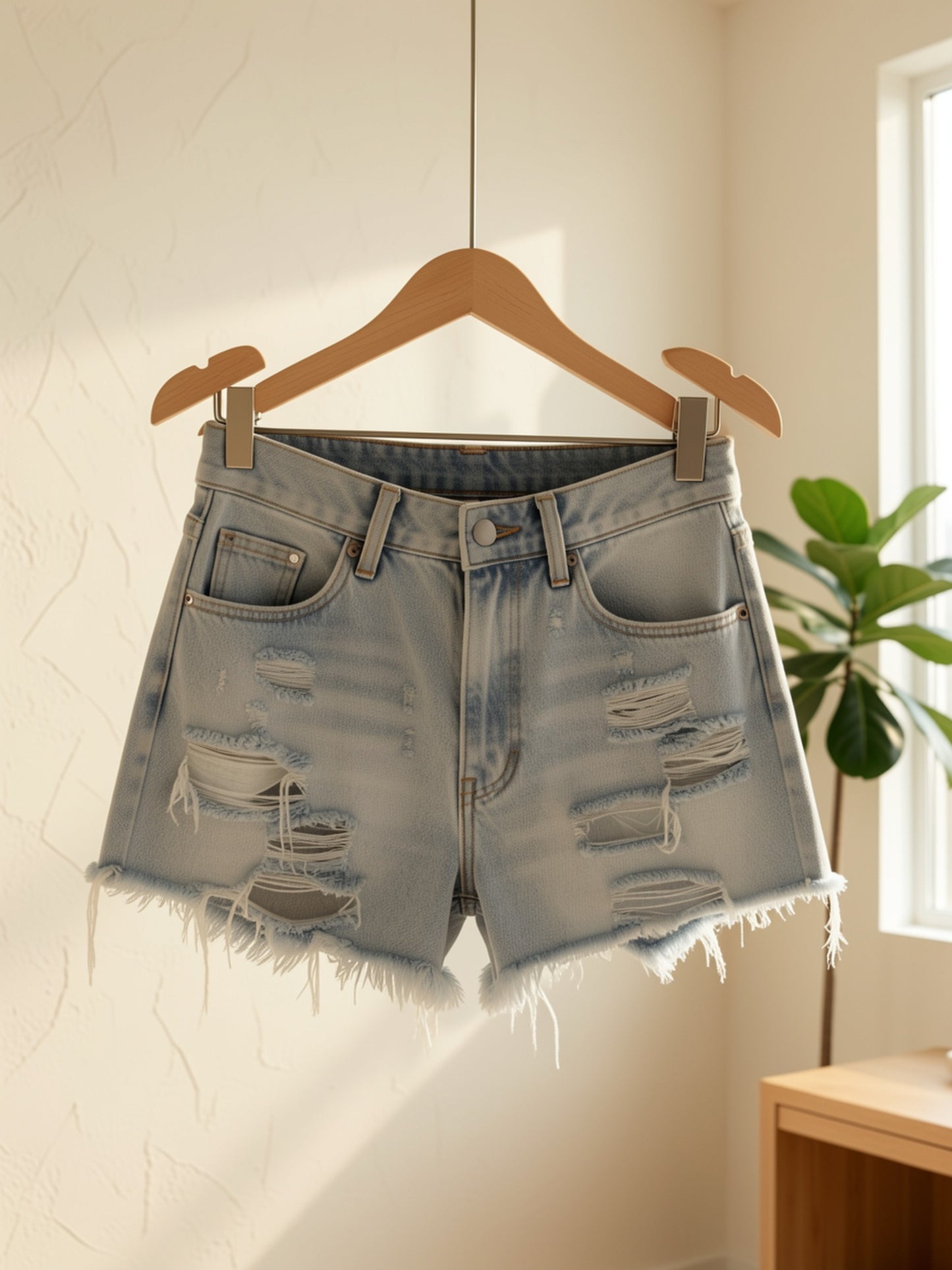 High Waisted Ripped Frayed Hem Denim Shorts for Women Distressed Stretch Fit Summer Casual Shorts with Tassel Detail