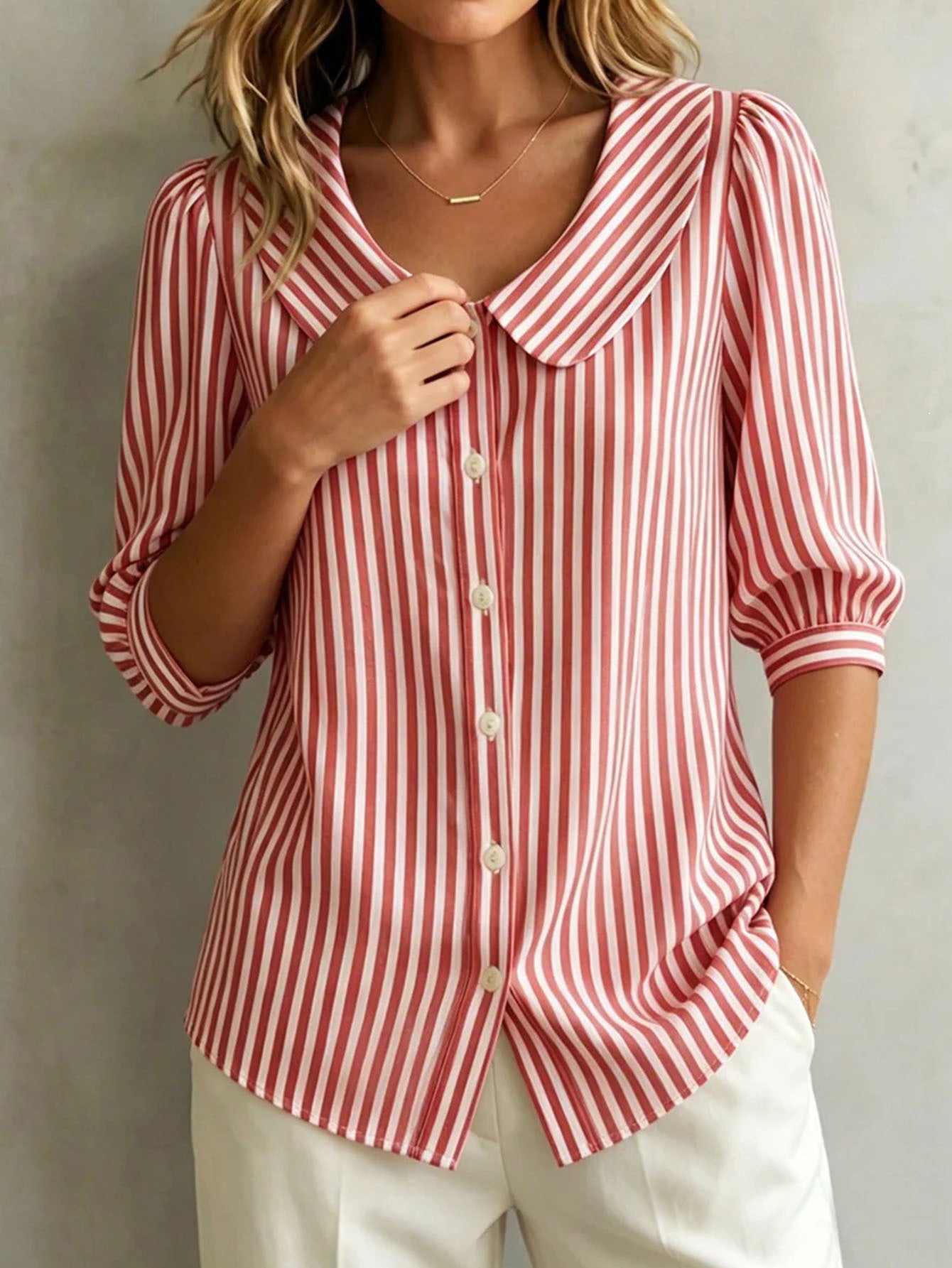 New Mid-Sleeve Striped V-Neck Shirt Top T-Shirt for Women