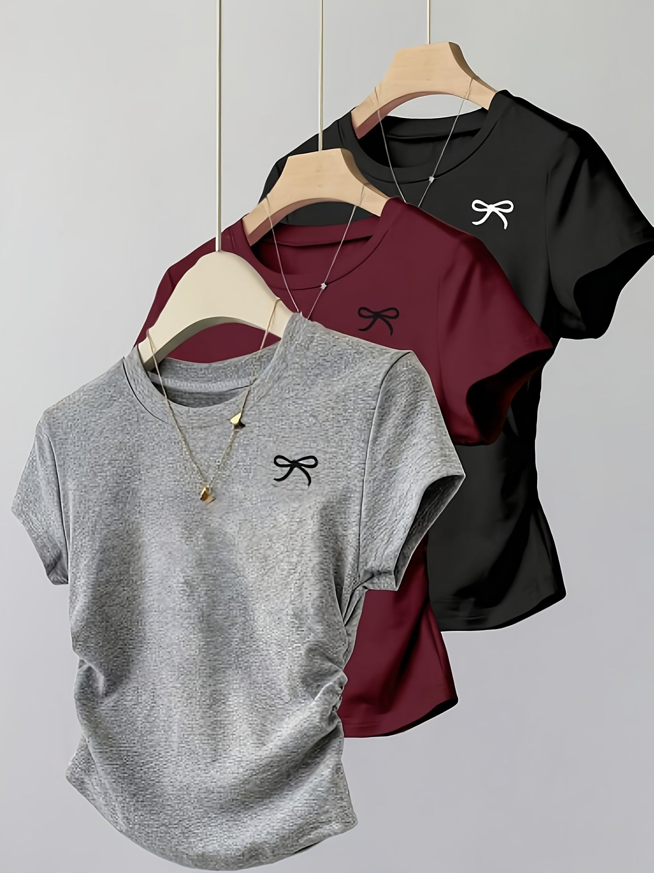 3pcs Pleated Round Neck Short Sleeve Bow Print Casual Versatile T-Shirt Top