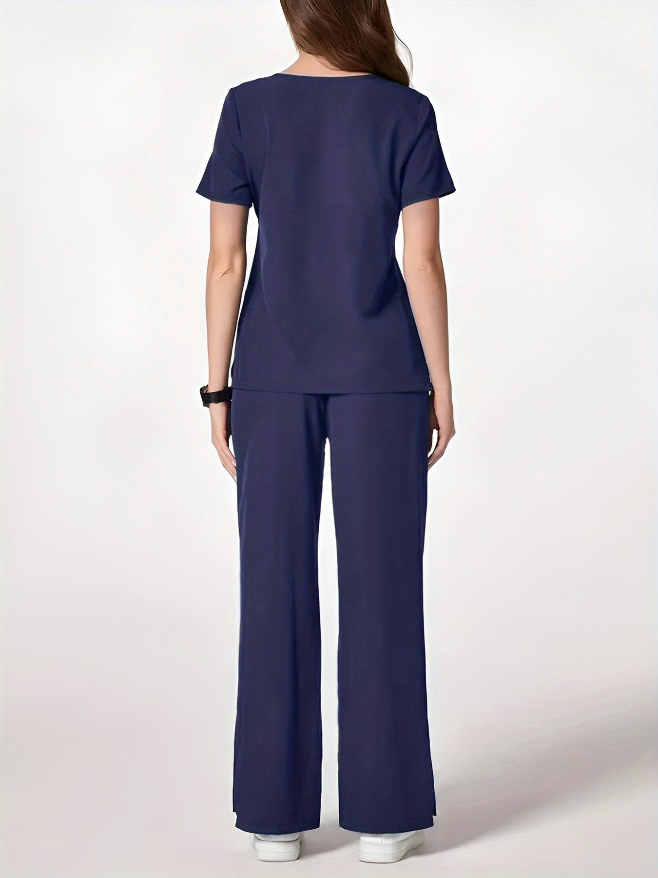 Two-Piece Easy And Comfortable Breathable Brushing Gloves Set for Work Uniforms, V-Neck Short-Sleeved Front-Pocket Comfortable Top And Slit Straight-Leg Trousers, All-Season Wear, Perfect for Healthcare, Dental, And Pet Hospital Professionals