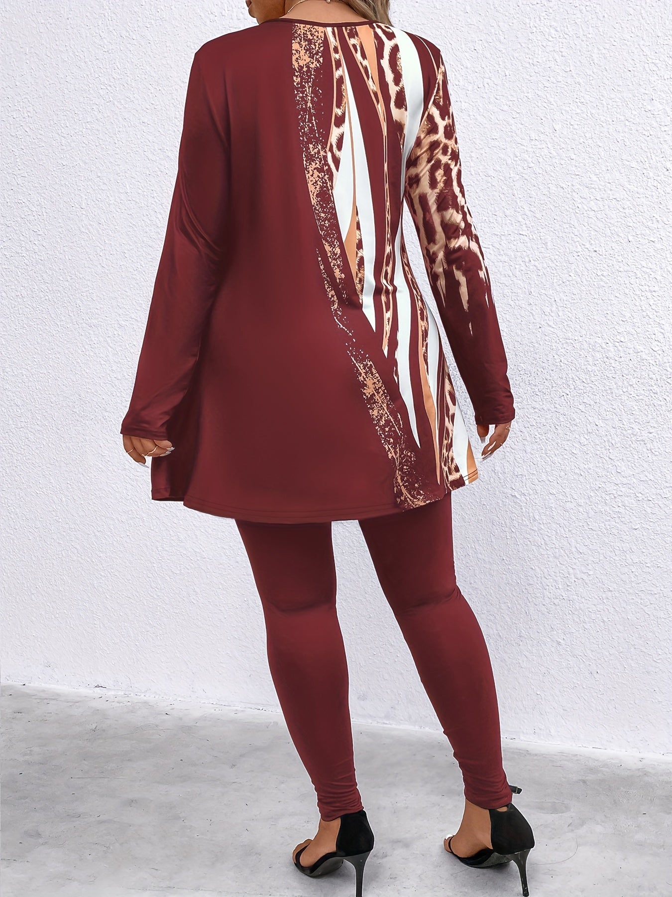Plus Size, Plus Size 2pcs Outfits for Women Leopard Print Long Sleeve Tunic Top And High Waist Leggings Women Casual Loungewear Matching Set for Daily Wear