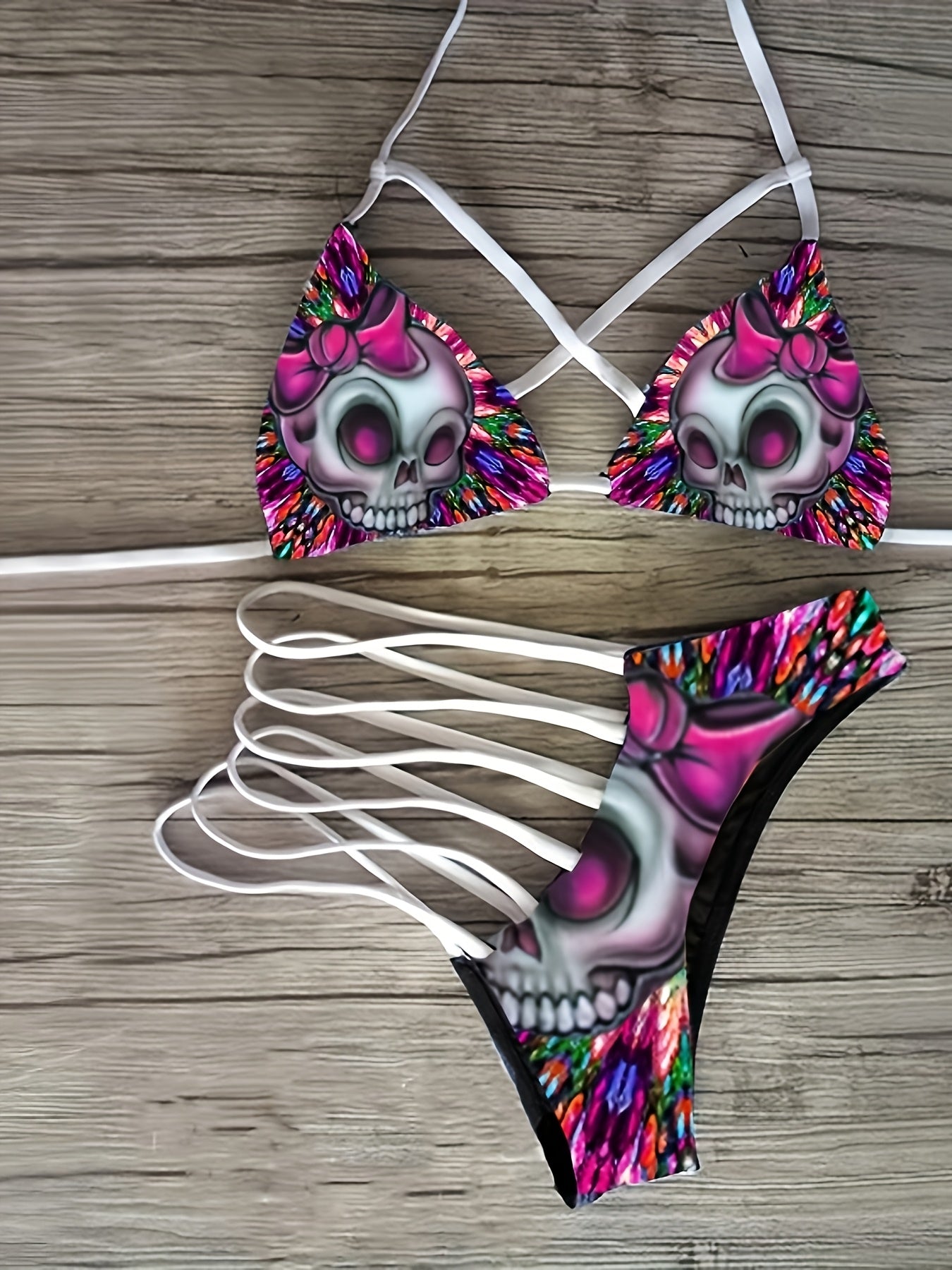 Two-Piece Bikini Set Featuring a Punk Skull Design, Perfect for Parties with a Sexy Lace-Up Style