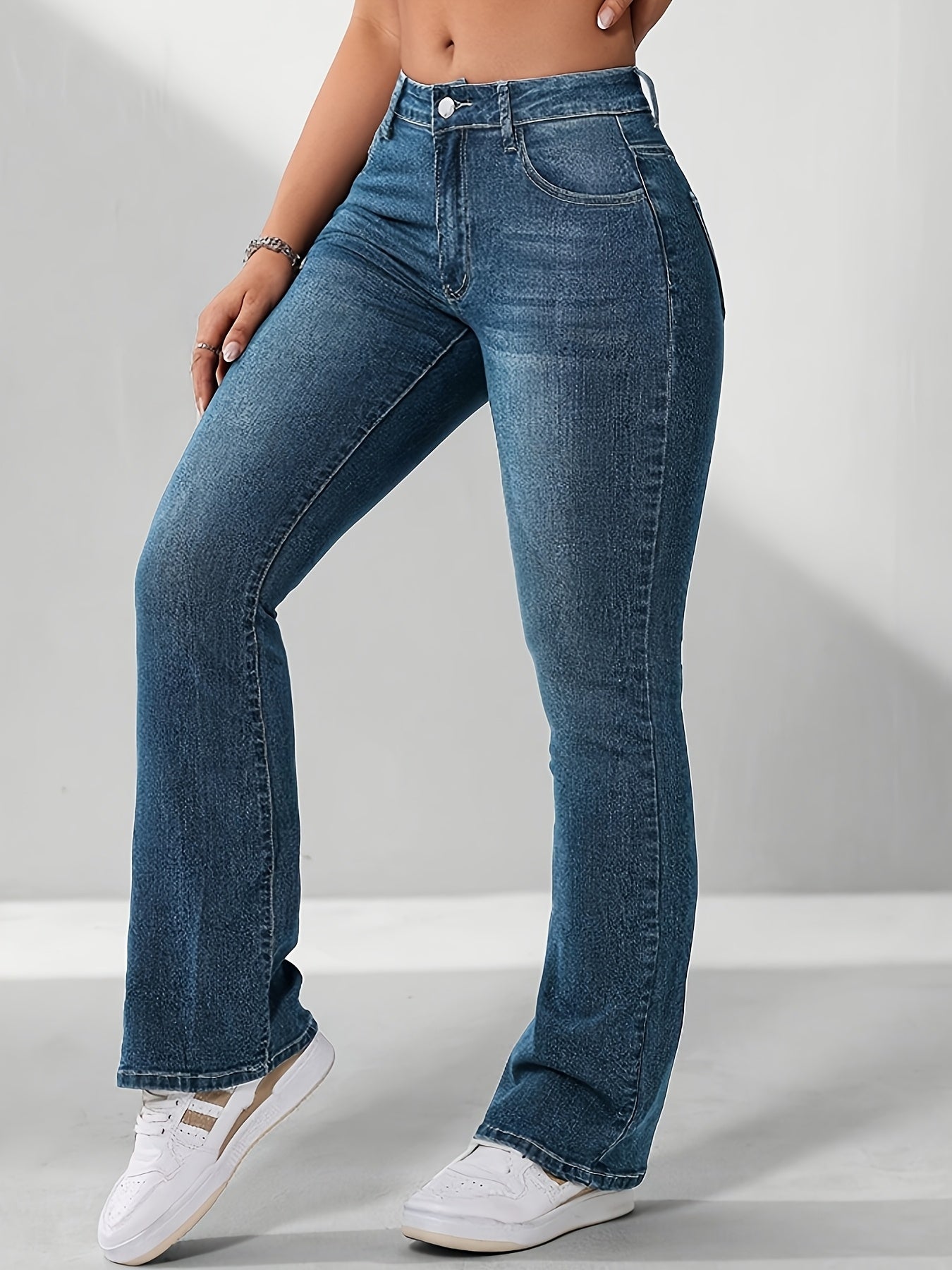 Stylish Versatile Retro Blue High-Waist Stretch Slim-Fit Women'S Flared Jeans