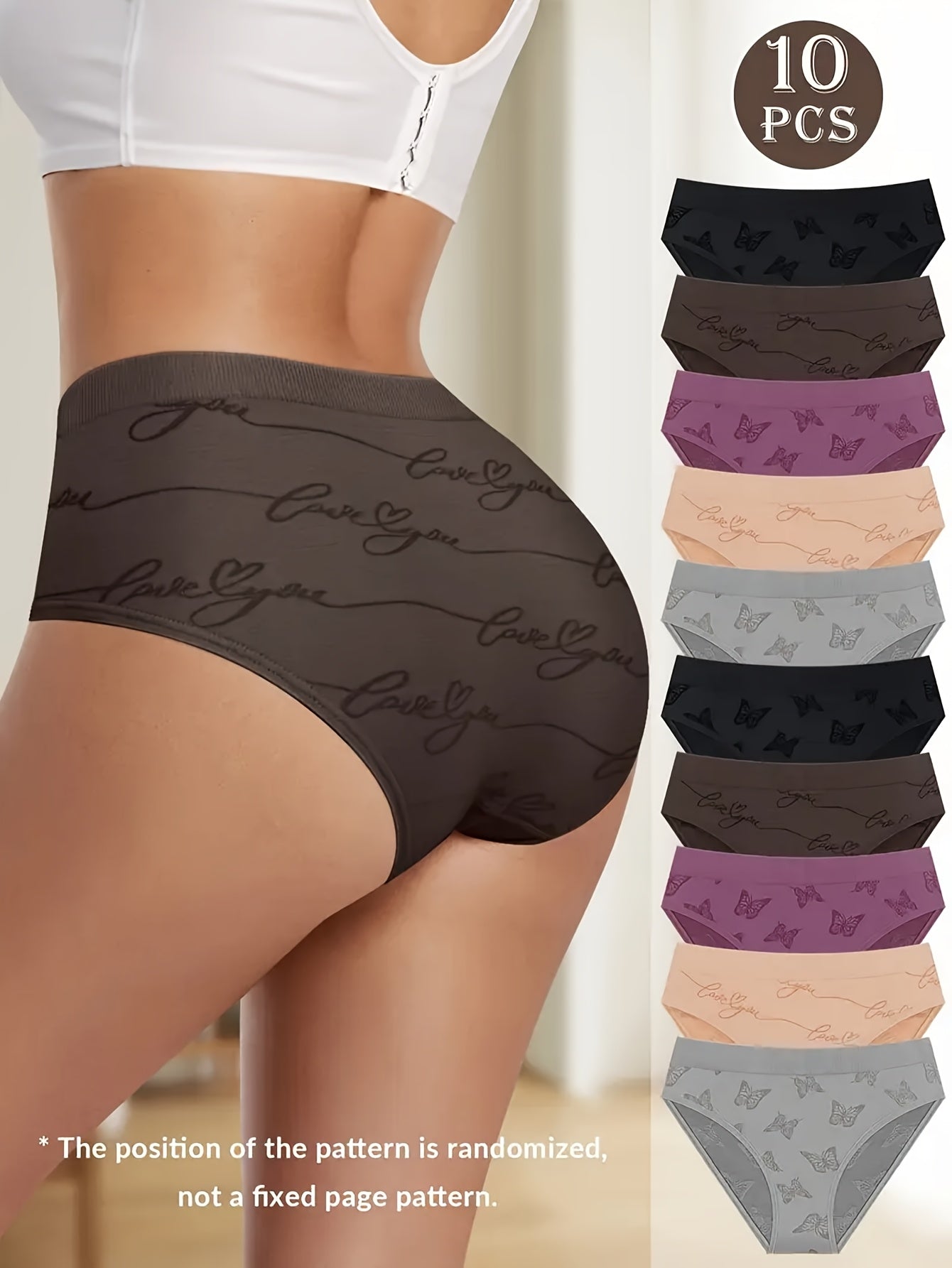 10pcs Set Of Women'S Elegant Butterfly Pattern Nylon Panties, Soft And Comfortable, Opaque - Machine Washable.