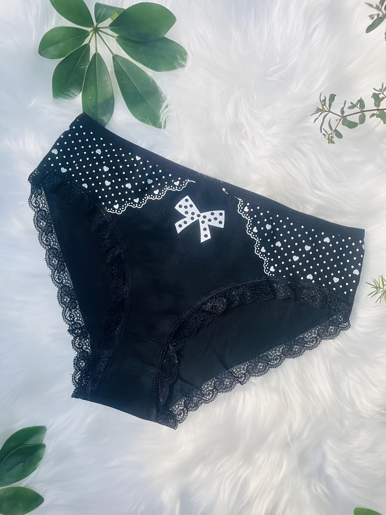 12pcs Elegant Contrast Lace Briefs | Plus Size with Bow and Heart Print, Comfortable & Breathable Stretchy Women'S Lingerie & Underwear