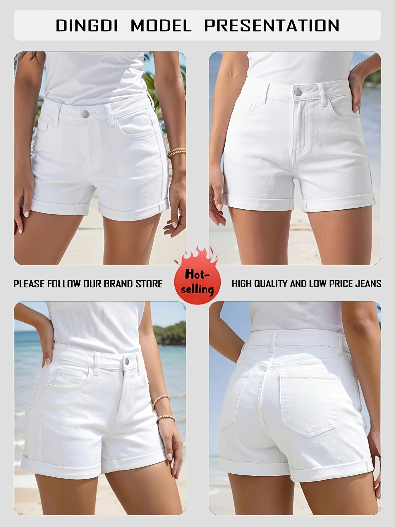 New Women's Fashion Elastic White Short Denim Pants, with a High-waist Design That Helps Shape the Figure; These Solid-color Denim Shorts Come with Pockets and Are an Ideal Outfit for Elegant Ladies.