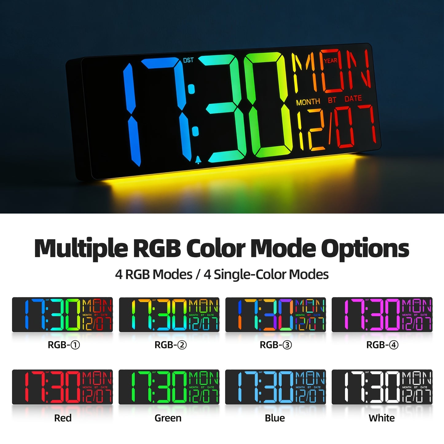 18" LED Digital Wall Clock with 8 RGB Color Display | Remote Control, 10-Level Dimmable Light, DST, Timer, Temperature, Alarm, Nightlight, Perfect Gift for Halloween, Thanksgiving, Christmas