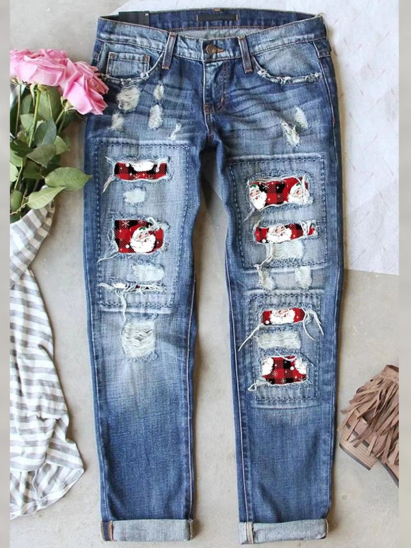 2025 Women's Jeans Street Ripped Christmas Santa Claus Printed Patch Straight Trousers