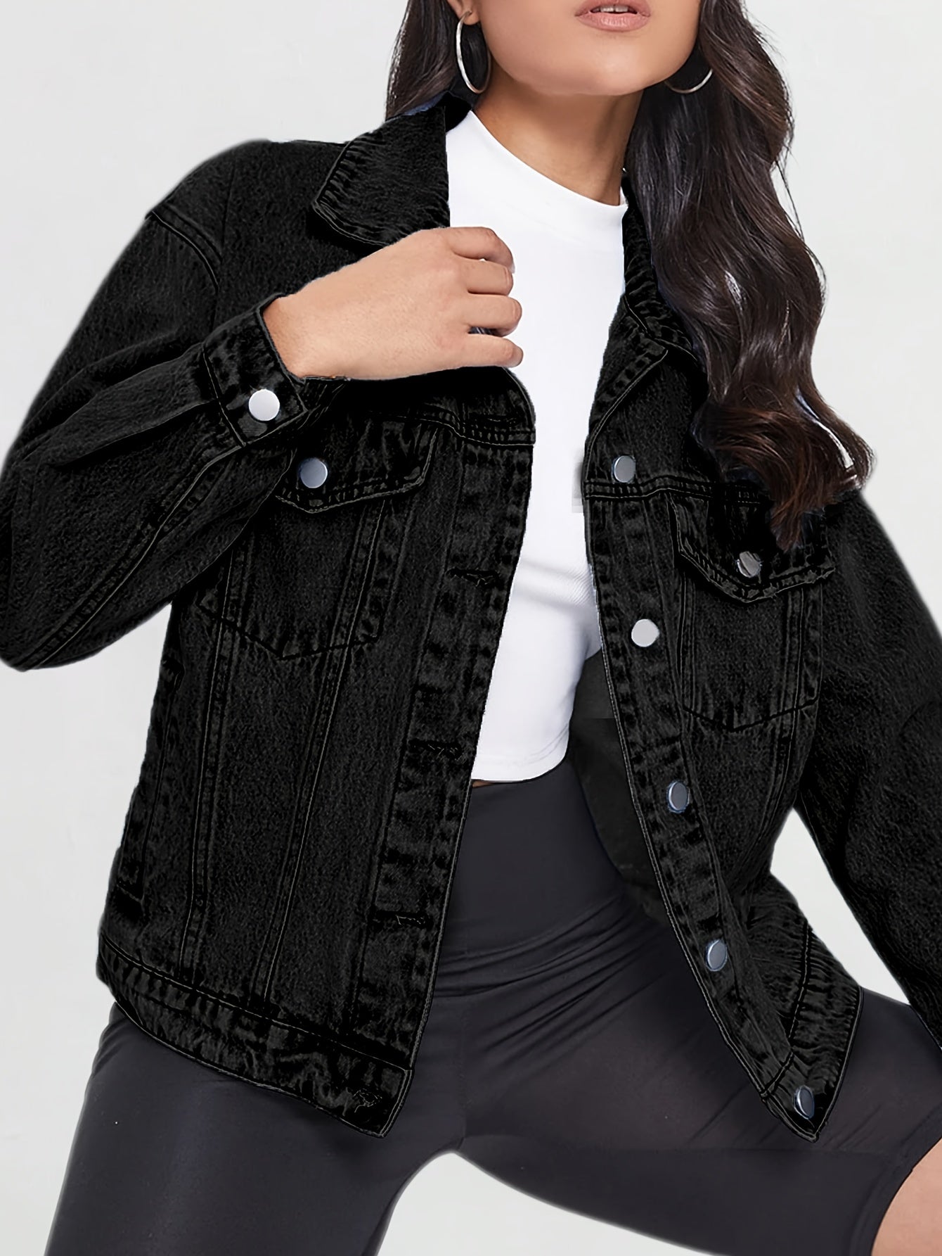 Womens Black Denim Jacket Spring Fall Lightweight Blend Cropped Length Classic Lapel Collar Front Button Closure Multiple Pockets Casual Chic Style Versatile Layering Piece Comfortable Soft Lining Modern Fit Sleeve Cuff Adjustable Feature