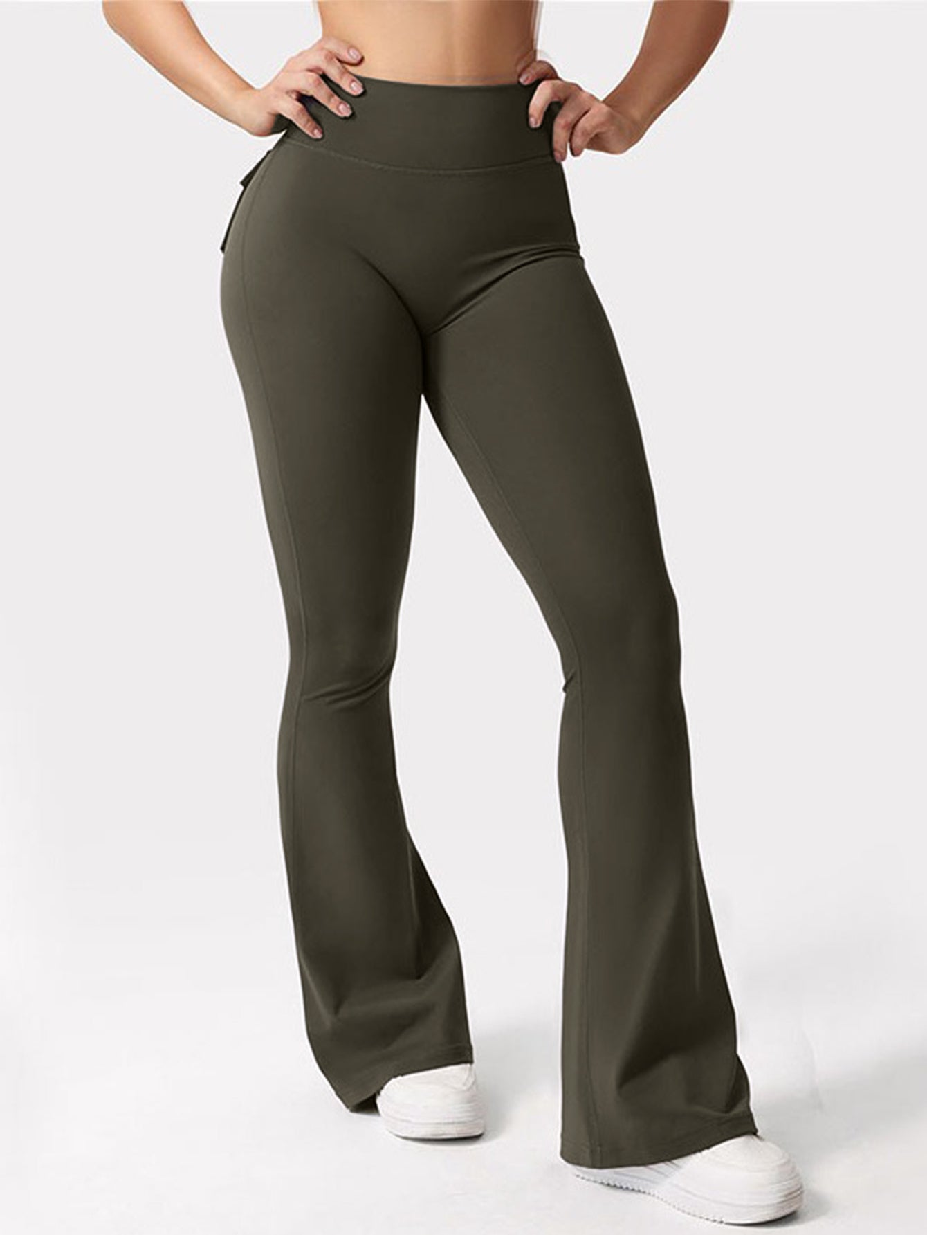 FOEIERAA 1pc Fashion Workwear Style Flare Pants, Women's Casual Flare Pants, High-Waist Pocket Joggers, Workwear Style Peach Butt Yoga Pants, Quick-Dry Tummy Control Butt Lifting Sexy Long Pants, Flare Leggings