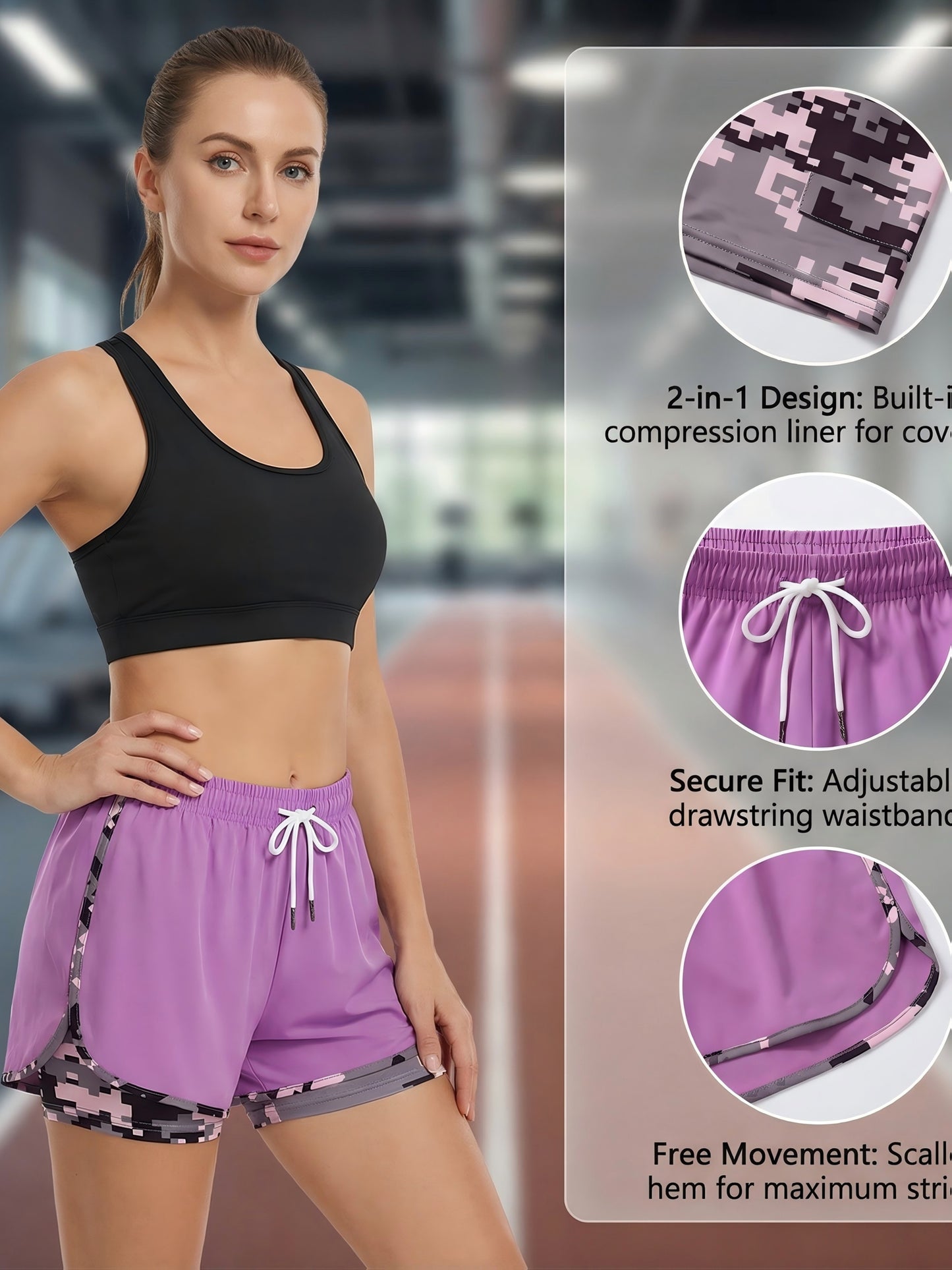 Three Pairs Of Women'S Summer Shorts, Double-layered, Two-in-one Design With Camouflage Pattern, Breathable And Quick-drying, Side Mesh Pockets, Non-stretch Fabric, Regular Fit, Side Pockets, And Casual Style, Free Bracelet Included.
