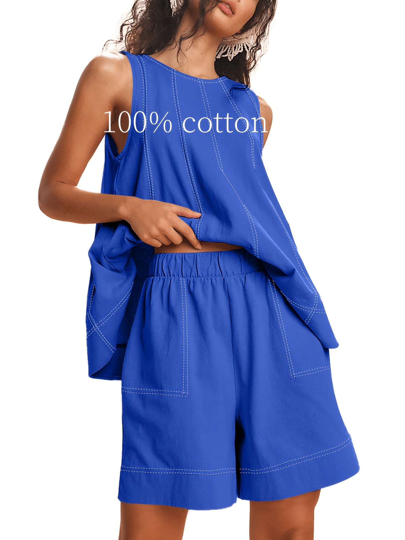 Womens 2pcs Outfits Sleeveless Matching Sets A Line Tank Tops Contrast Stitching High Waist Shorts with Pockets