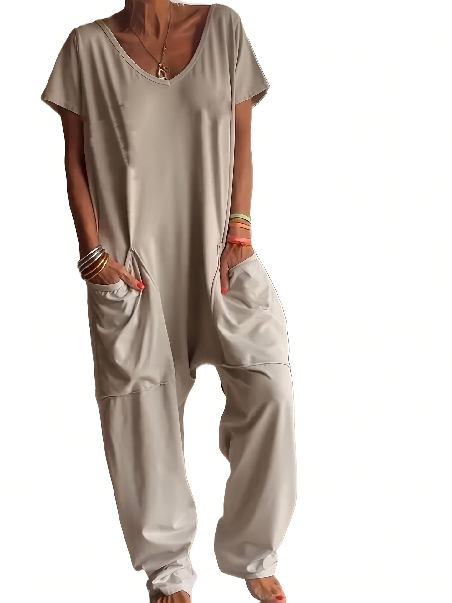Plus Size - Plus Size - Women'S Solid Color Casual Baggy Pocket Romper