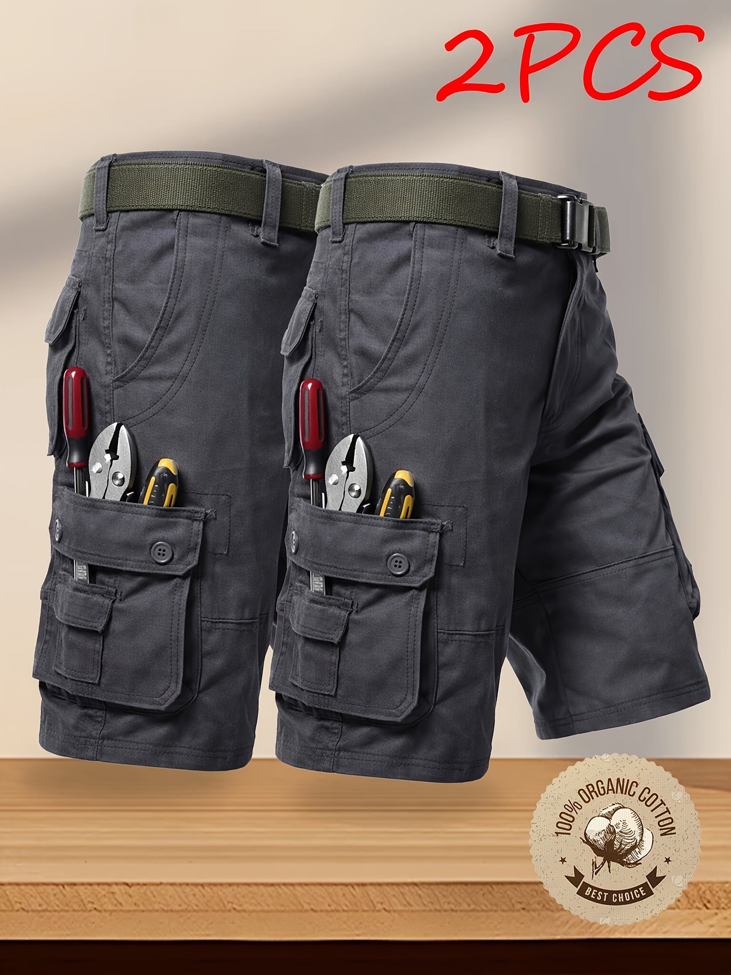 2-Pack Men'S New Multi-Pocket Work Shorts, 100% Pure Skin-Friendly And Breathable Fabric, Running, Travel, And Hiking Shorts, Wrinkle-Resistant And Durable Shorts