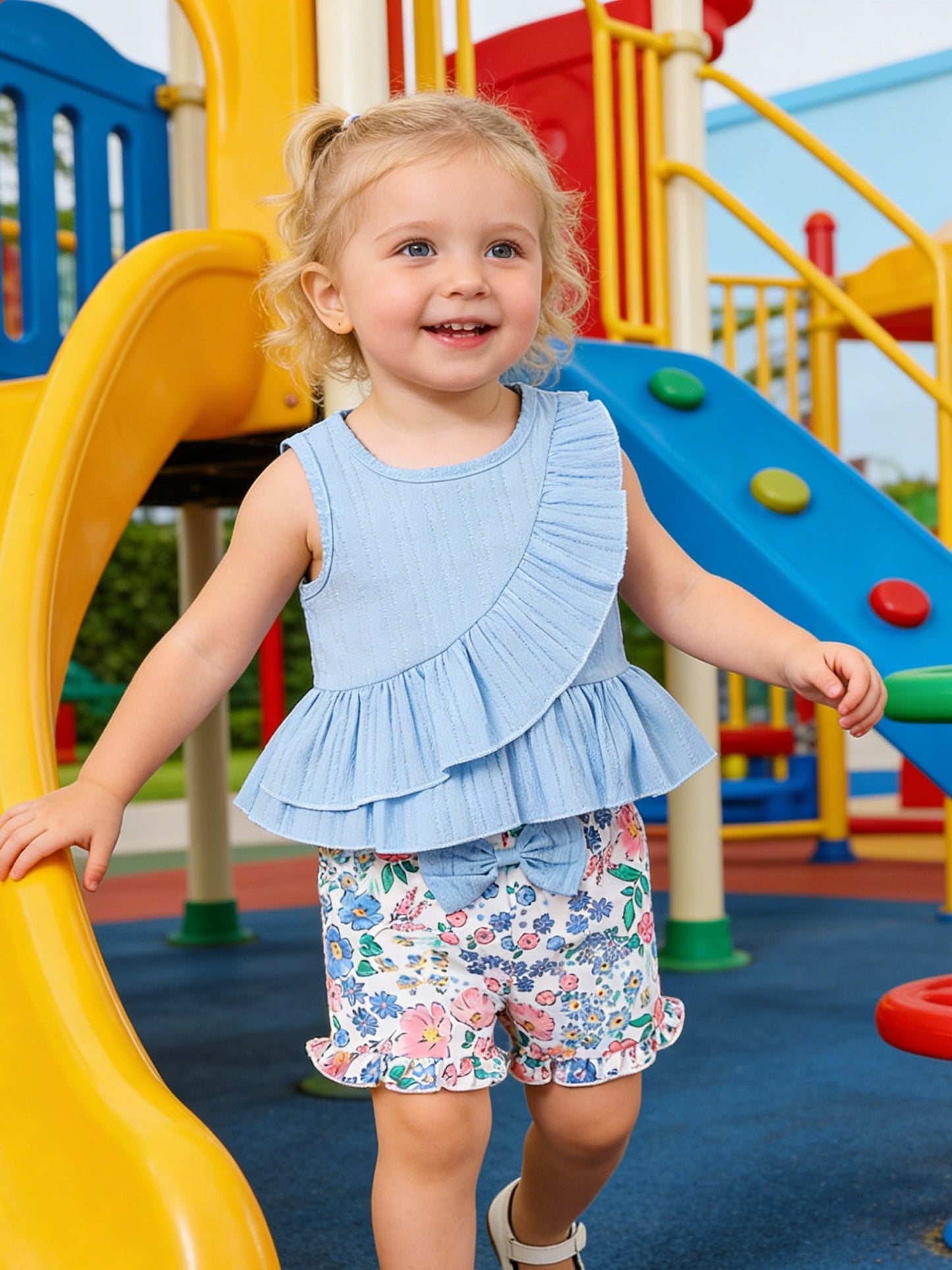 2pcs Girls' Summer Set: Blue Striped Sleeveless Top with Ruffle Design and Floral Print, Bow Detail & Wooden Ear Short Pants Casual Outfit, Perfect for Outdoor