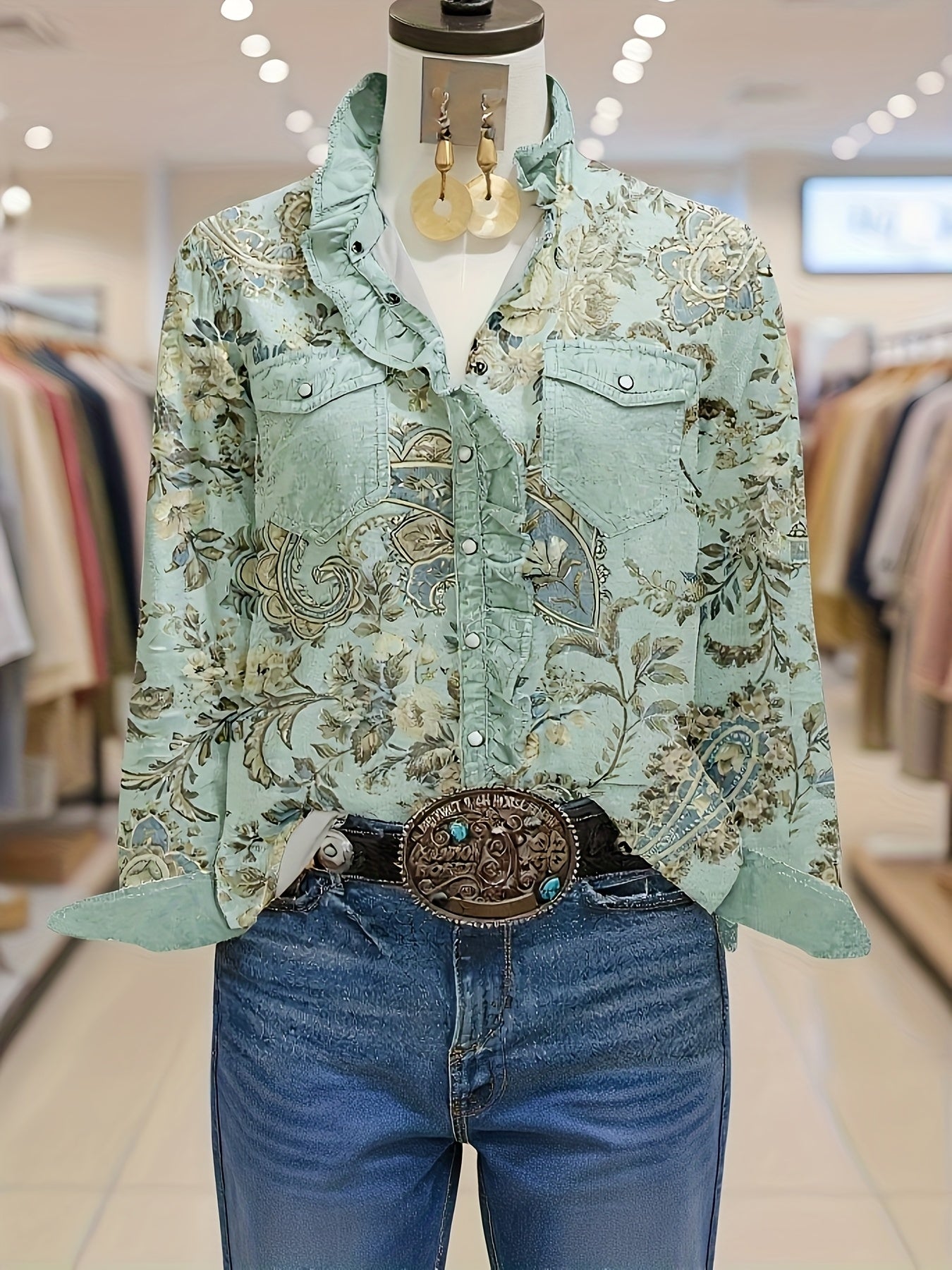 Women's Vintage Paley Pattern Long Sleeve Shirt - Paneled Ruffle Collar Shirt