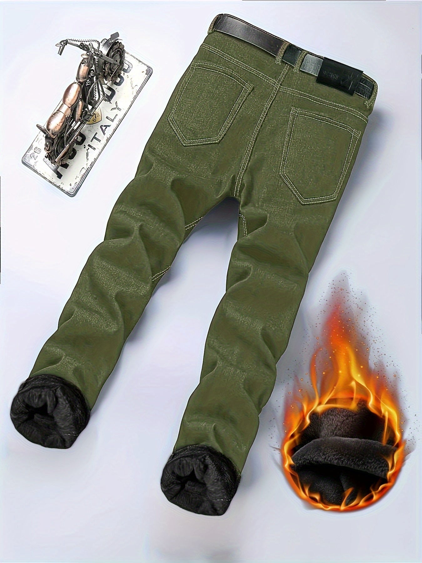 2pcs Men'S Slim Fit Fleece Lined Jeans - Business Casual Thermal Trousers for Winter