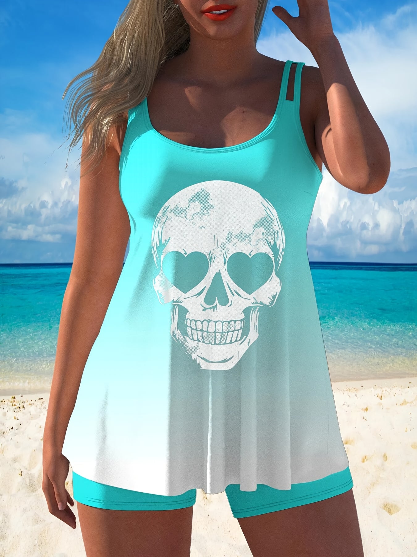 Adorable Skeleton-Themed Two-Piece Swimsuit for Women, Featuring a Stylish Black Design with a Conservative Double Shoulder Tankini Style, Perfect for a Laid-Back Halloween Look