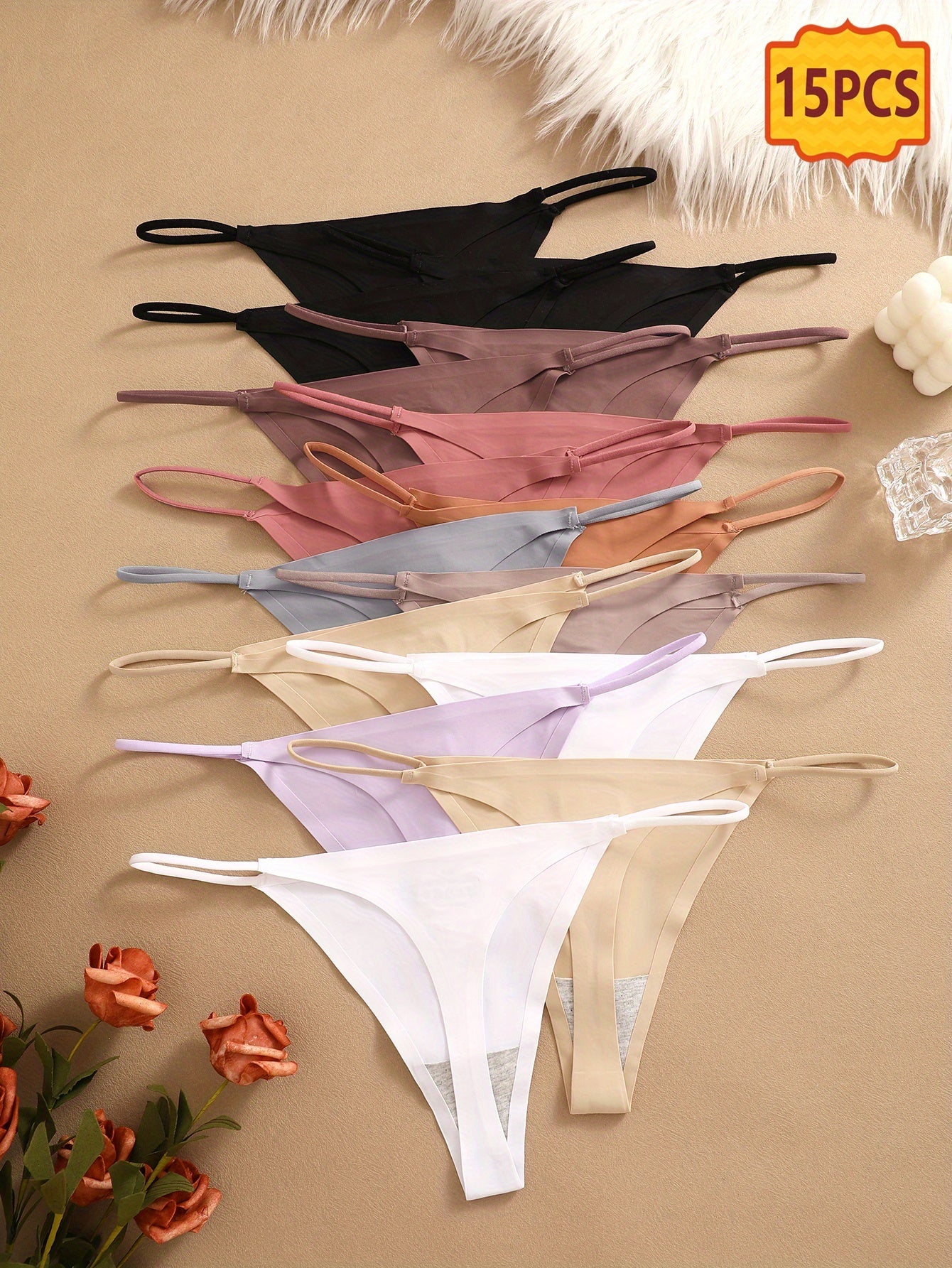 15pcs Seamless Thong Set, Sexy, Comfortable, Breathable, Skin Friendly Seamless Underwear, Suitable For Daily Commuting, Women'S Underwear And Underwear
