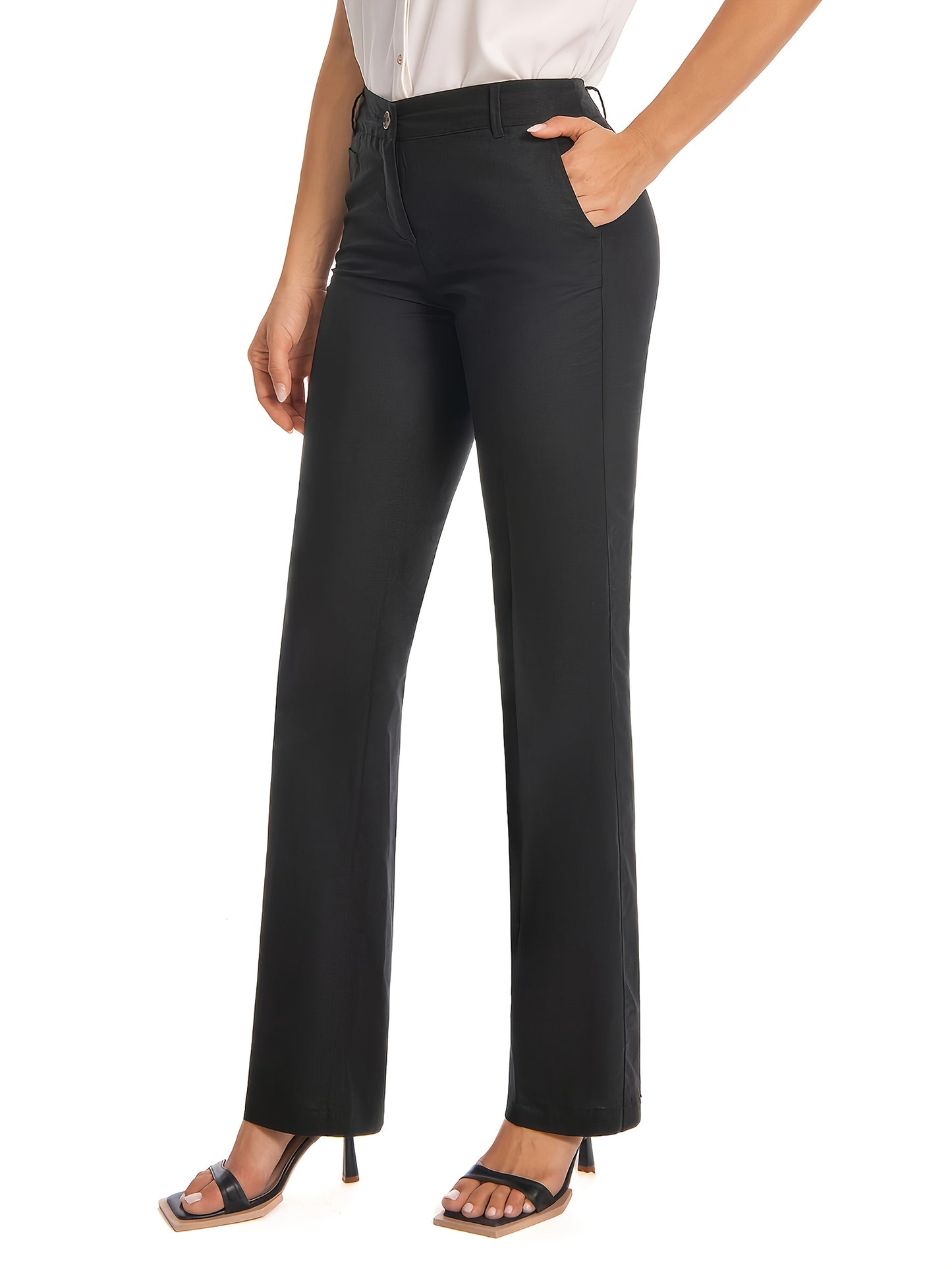 Women'S Black Work Pants Stretch High Waist Straight Leg Trousers with Pockets Office Casual Travel Daily Wear