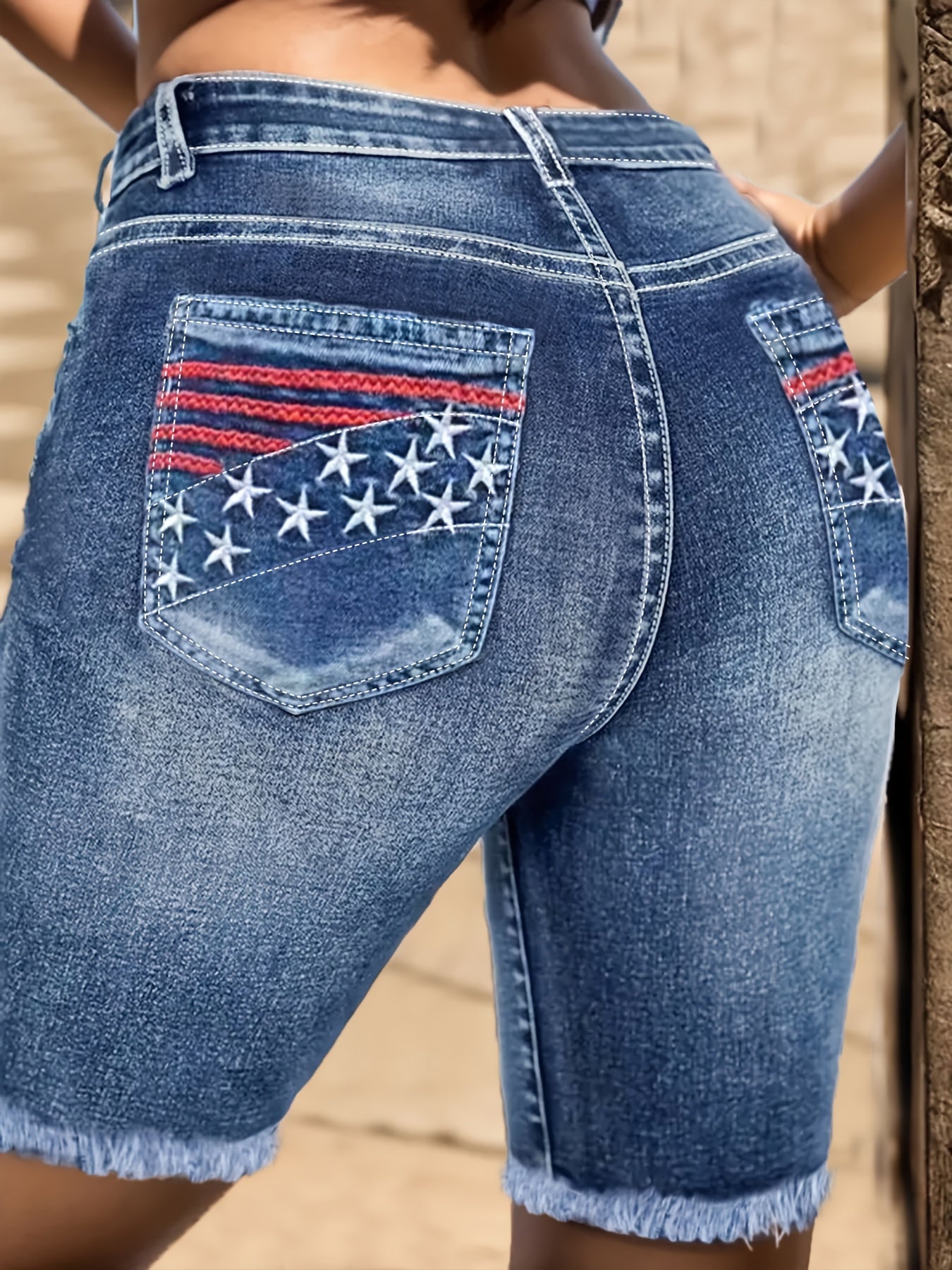Women's High Elasticity High Waist Denim Shorts - Retro Blue Star Striped Embroidery, Slim Fit Mid-Length Casual Shorts with Button Closure, Machine Washable for Spring/Summer, Spring Fashion, Embroidered Details, Comfortable Fit, Summer Wardrobe
