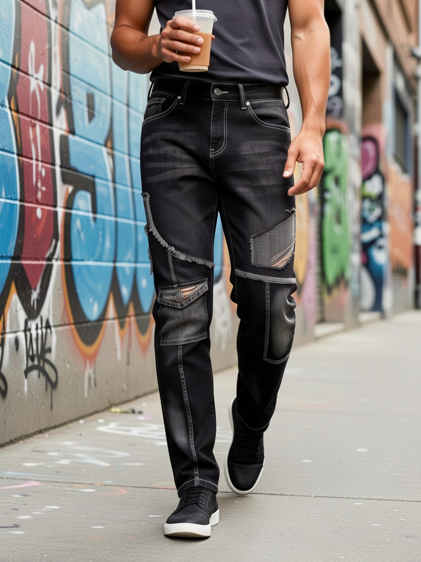 Mid-high Waist Fringed Jeans, Street Style, Solid Color, Suitable For All Seasons.