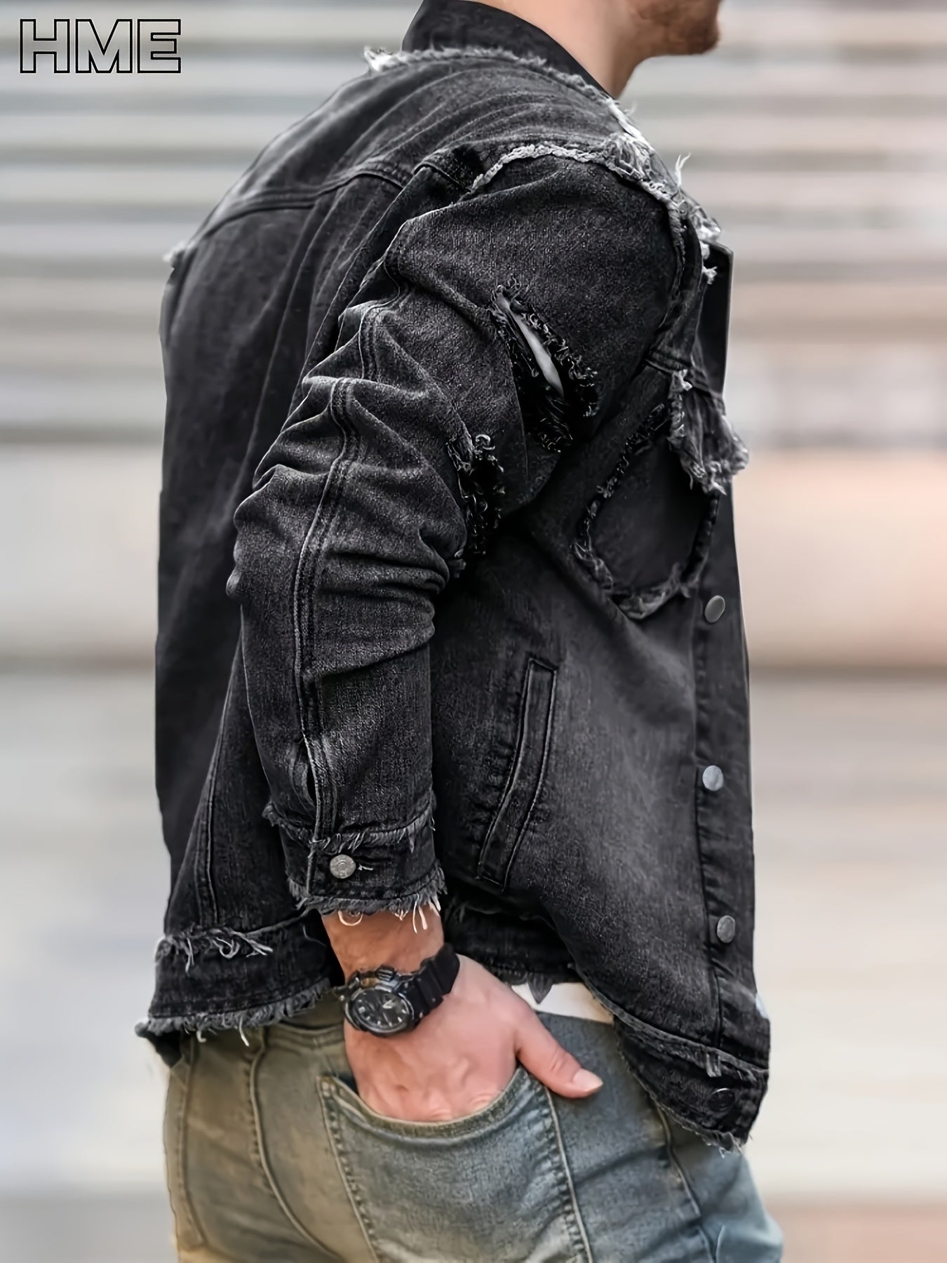 Men's Deep Grey Denim Long-Sleeve Denim Jacket - product view 8