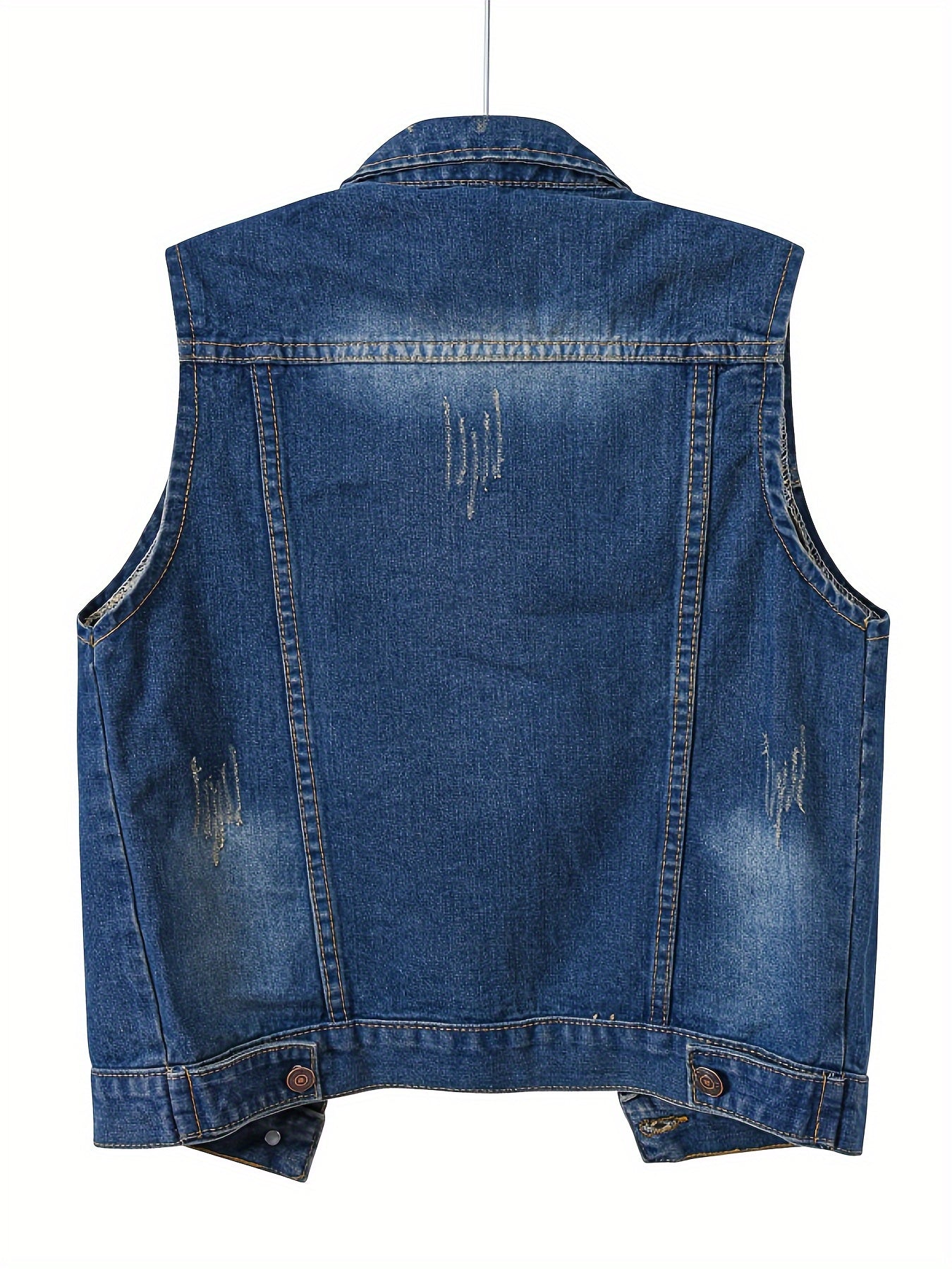Casual Streetwear Featuring a Sleeveless Denim Jacket with a Ripped Lapel, Button- Front, And Pockets