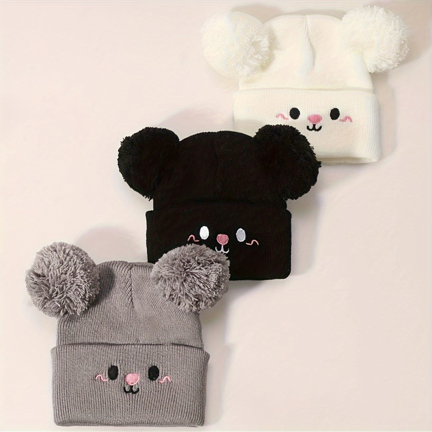 3pcs BBAHHAHAT Baby Knit Hats with Embroidered Faces & Pom-Poms - Stretchable Acrylic Breathable All-Season Infant Hats for Daily Casual Wear & Christmas, Anime-Themed (White), Festive Babywear, Cute Animal Face, Soft Texture, Embroidered Details