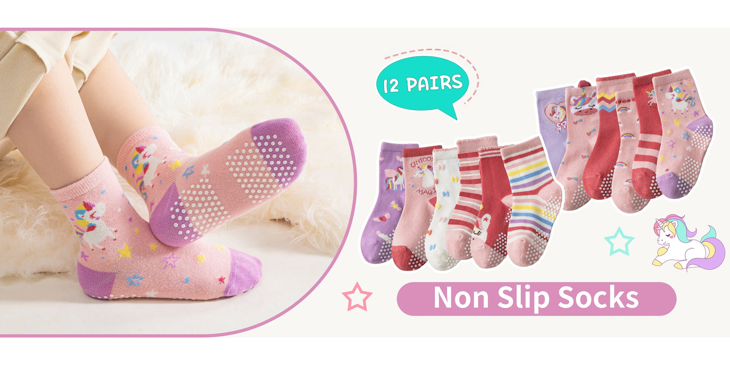 12 Pairs Of Youngsters Girls Youngsters Grips Socks Youngsters Non Slip/Anti Skid Unicorn Striped Crew Cotton Gift Socks