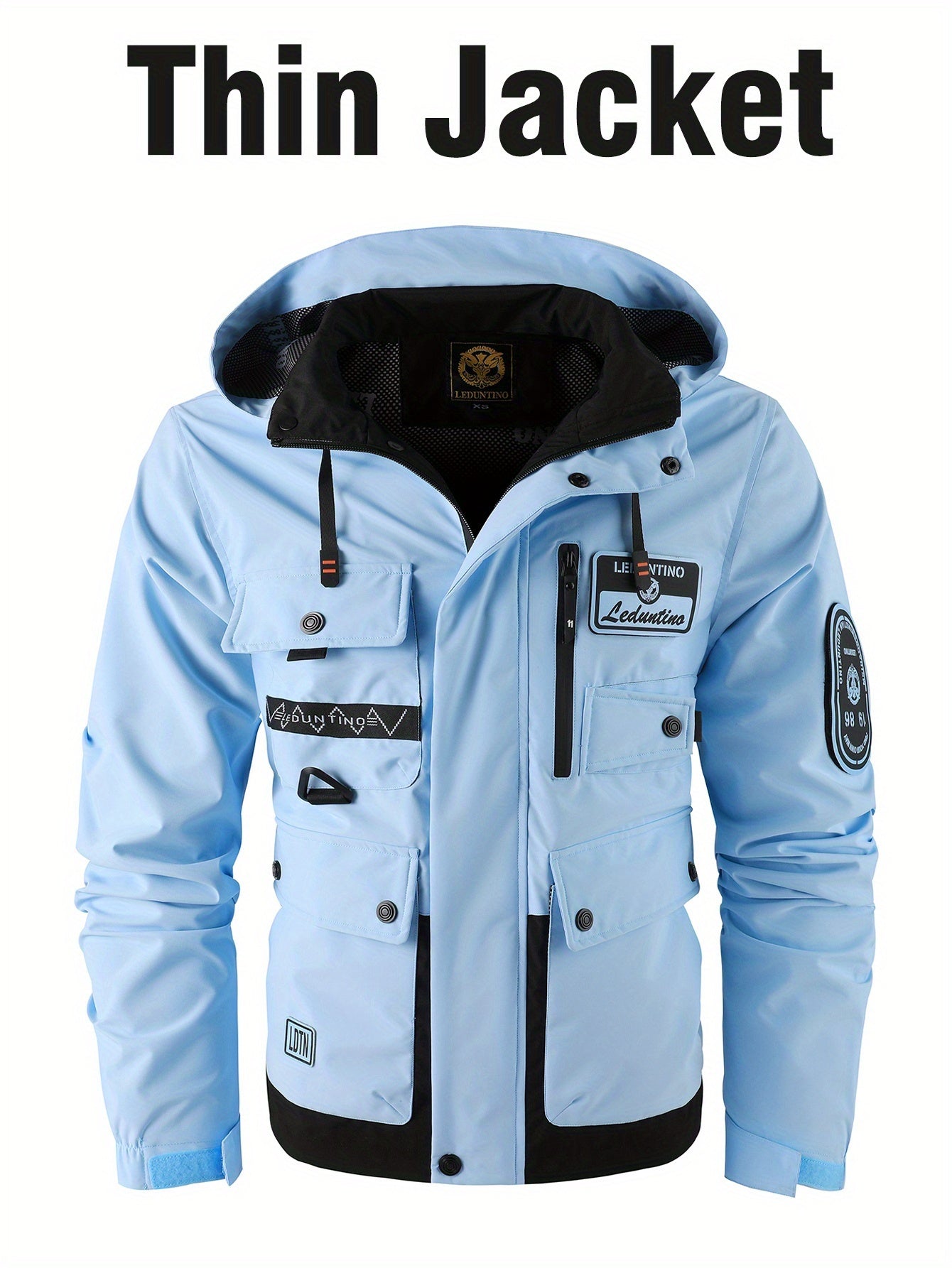 Men's Fashion New Jacket Men's Spring Autumn Thin Casual Multi-Pocket Outdoor Windbreaker Stitching Color Jacket Jacket Men's Removable Hat Windproof Outdoor Jacket Male
